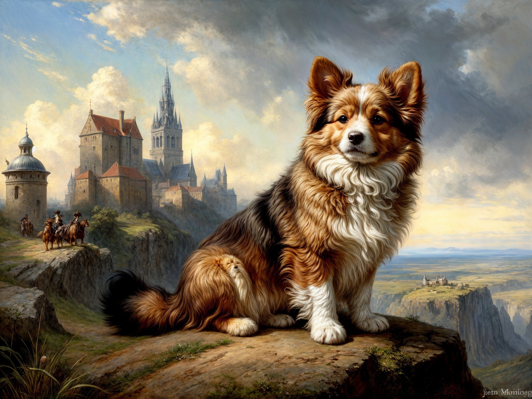 Majestic Landscape with Dog and Castle on a Cliff