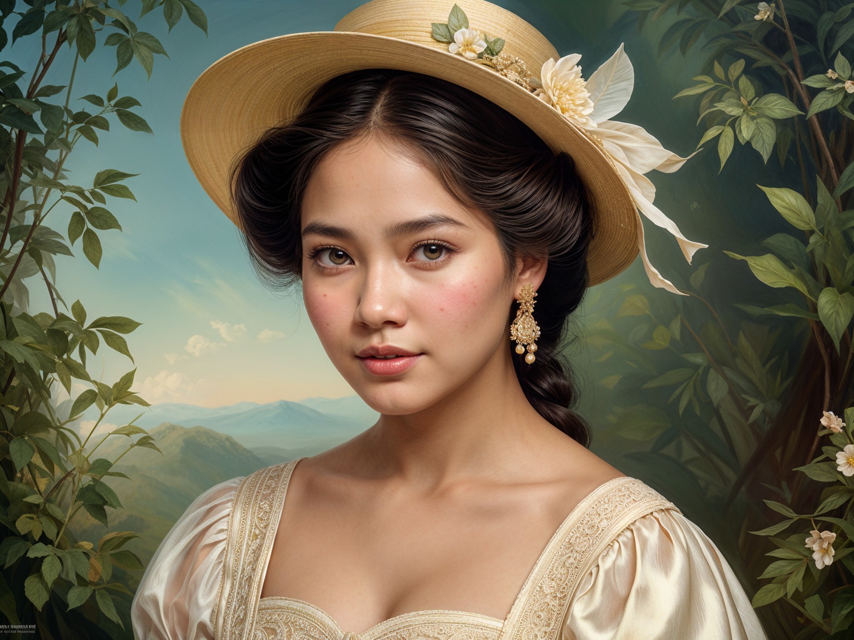 Young Woman in Vintage Dress with Floral Accents