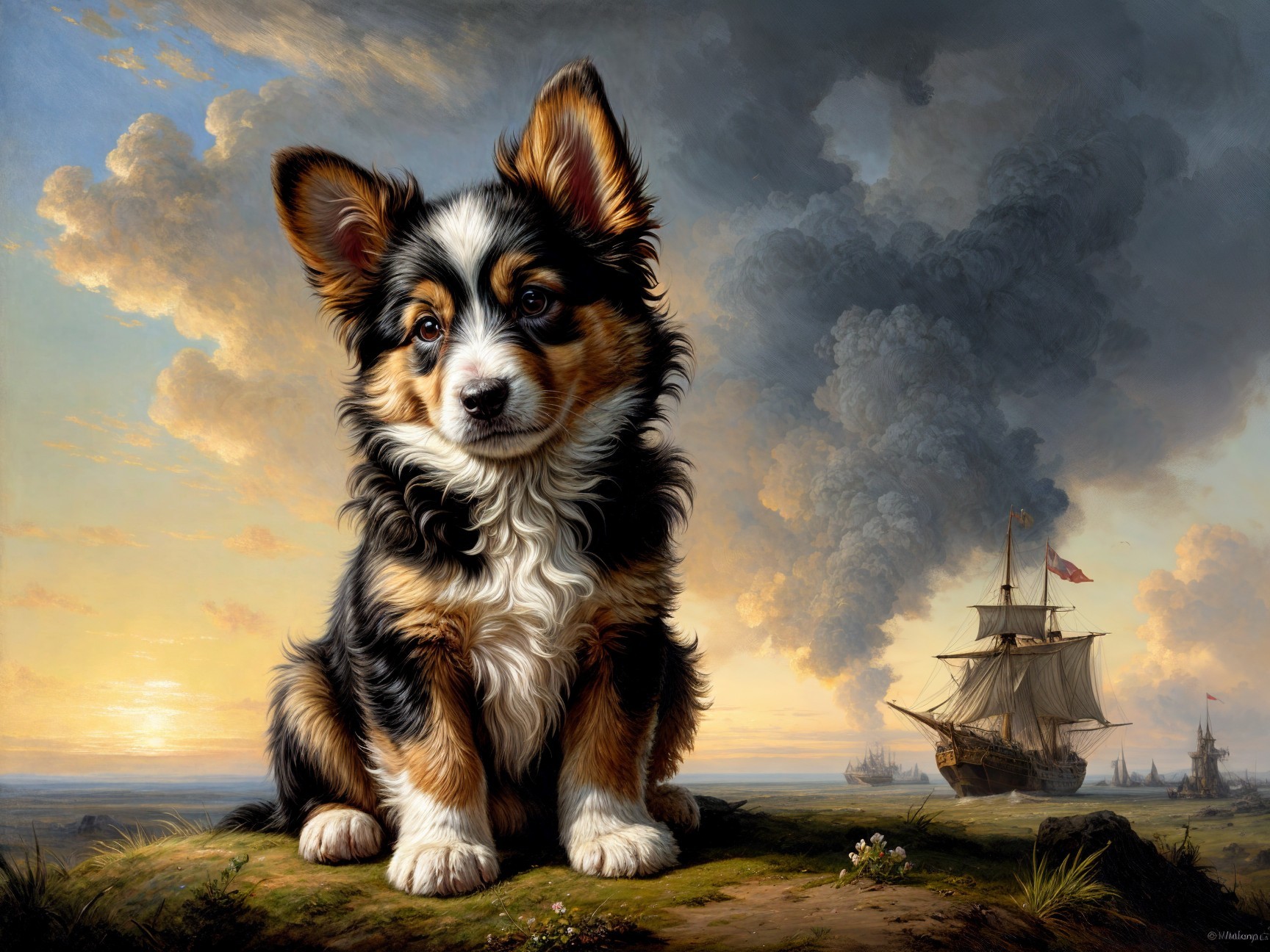 Corgi Puppy on Grassy Hill with Sailing Ship Background