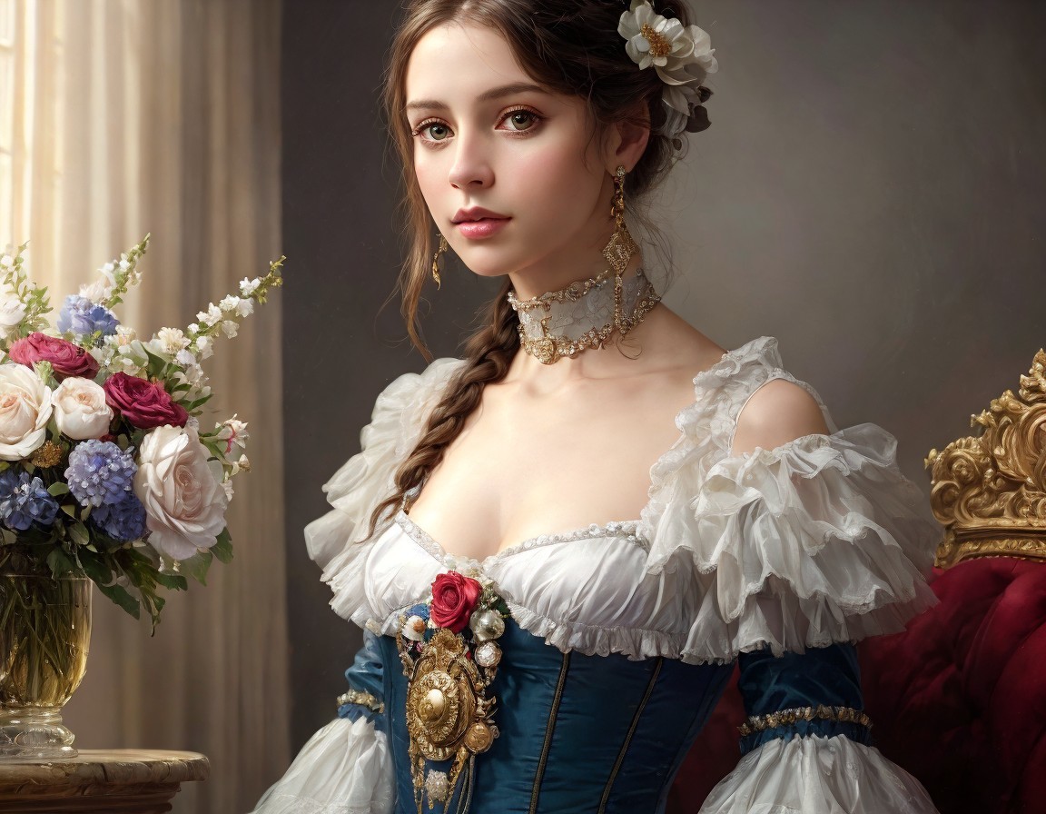 Victorian woman in blue dress with floral decorations and elegant jewelry posing by bouquet and red chair