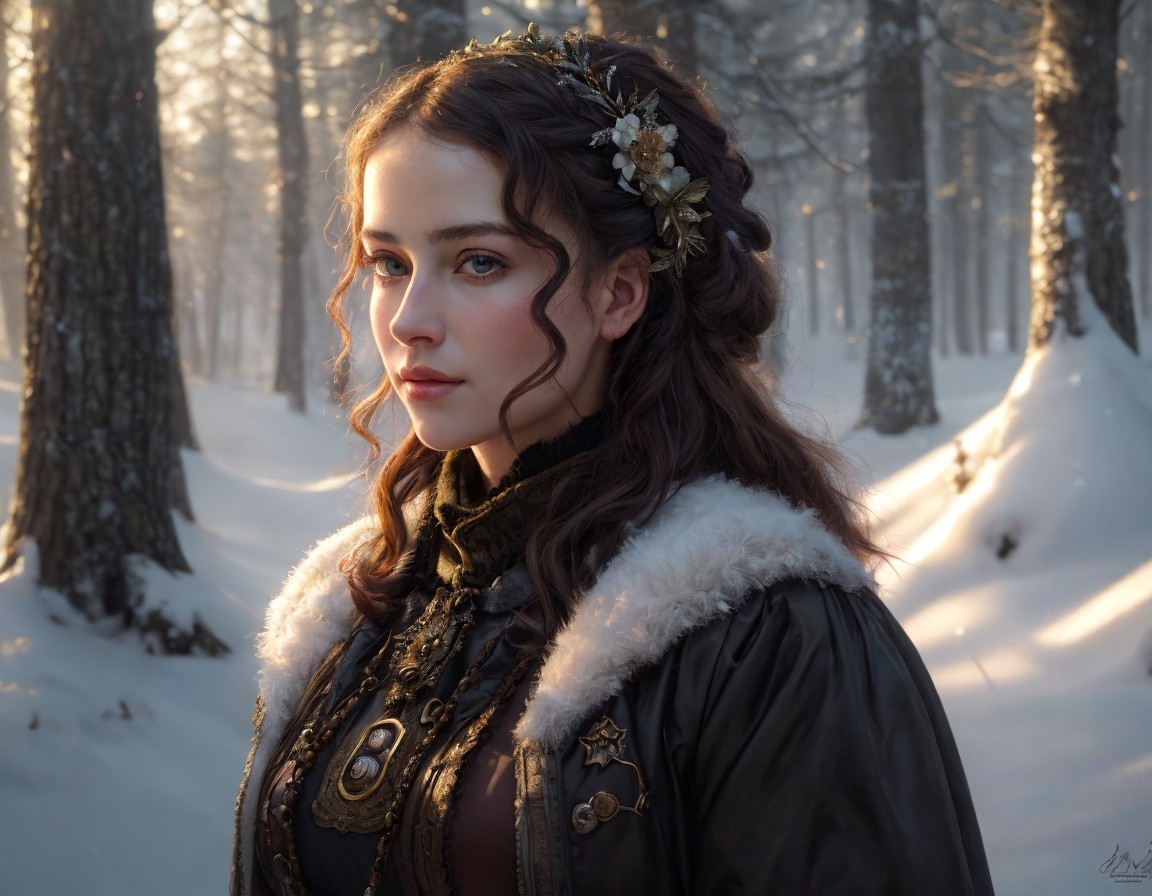 Woman in historical attire with fur collar standing in snowy forest.