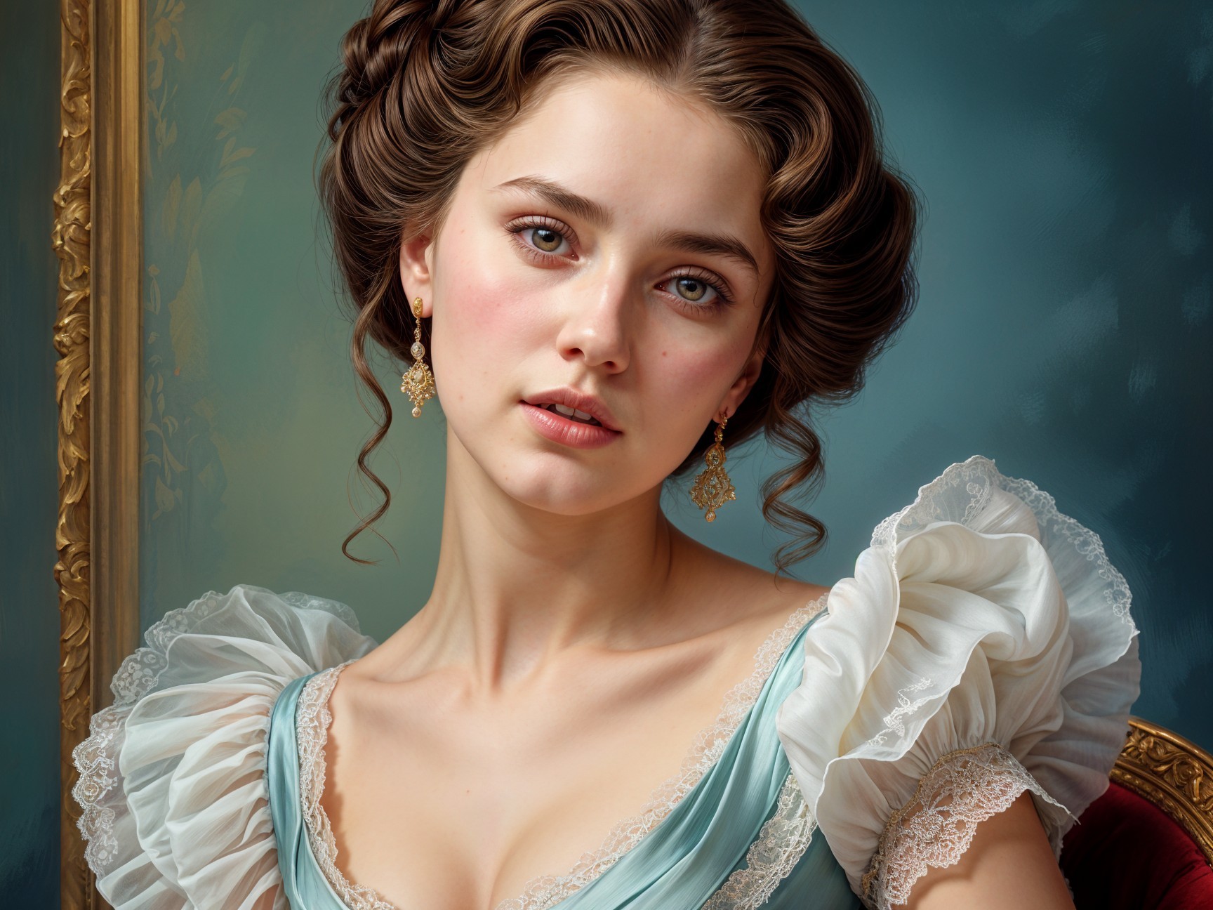 Portrait of a Young Woman in Elegant Blue Dress