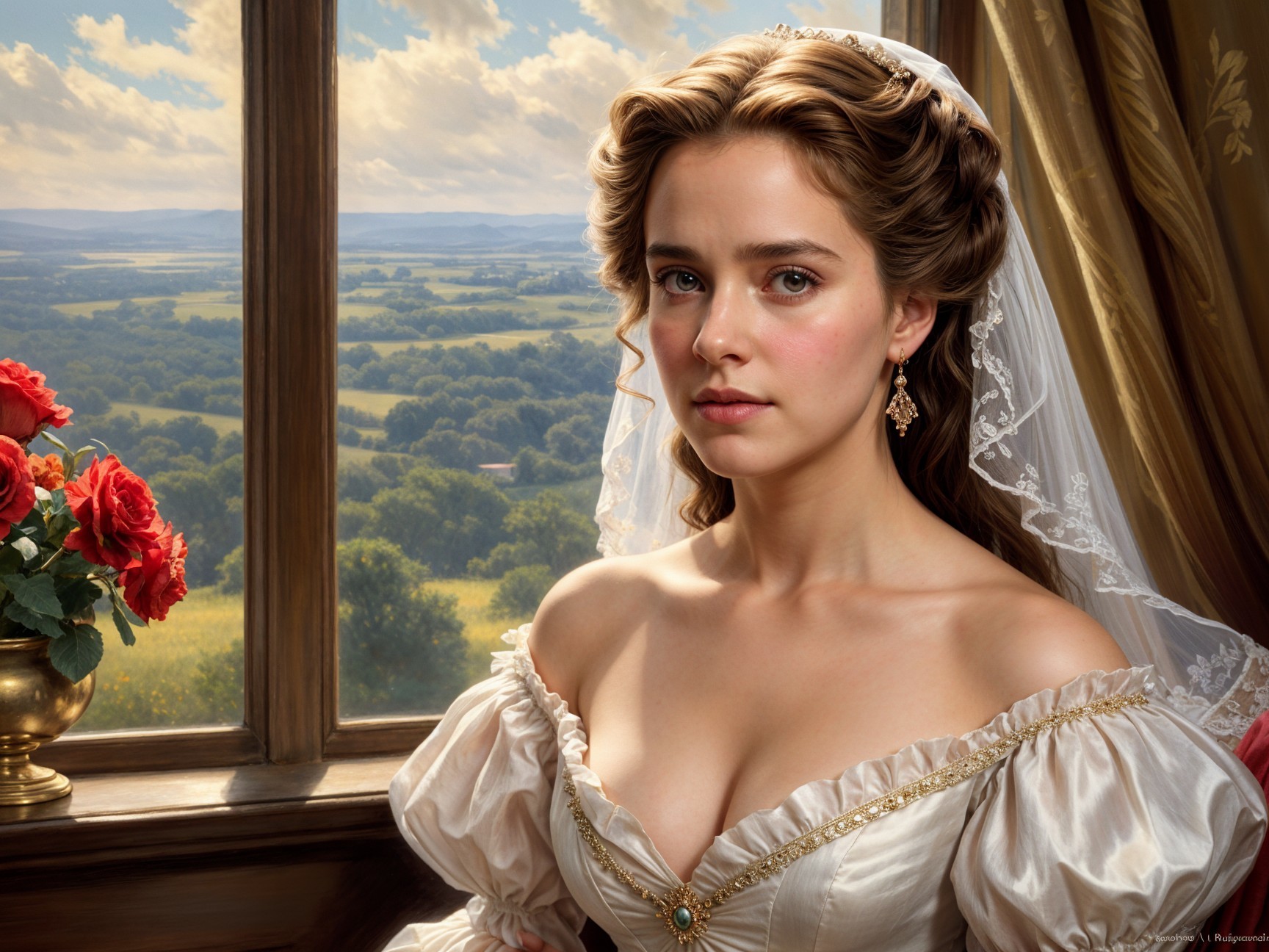 Young woman in historical dress gazing out a window