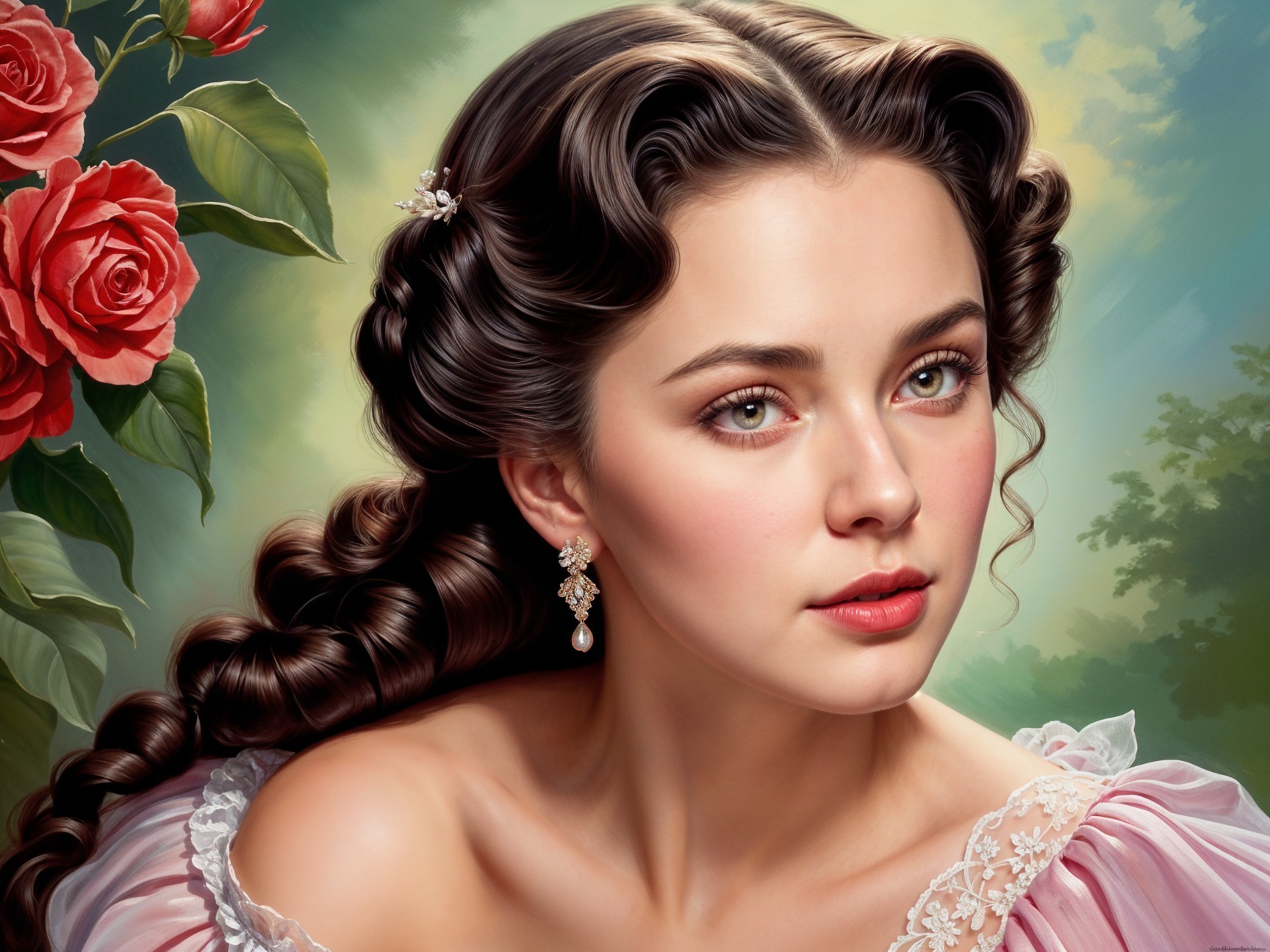 Young Woman in Elegant Dress Surrounded by Roses