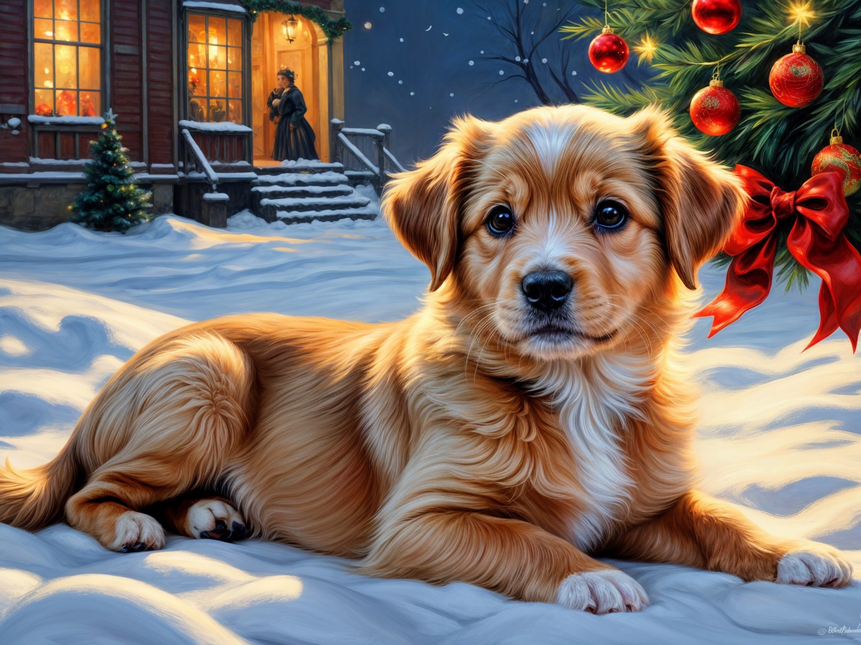 Fluffy Golden Puppy in Snowy Winter Landscape