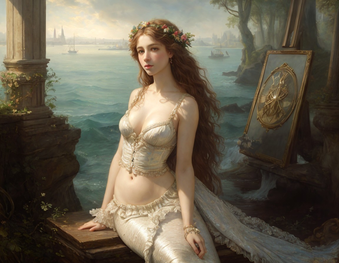 Woman in White Gown by the Sea with Easel and Boats