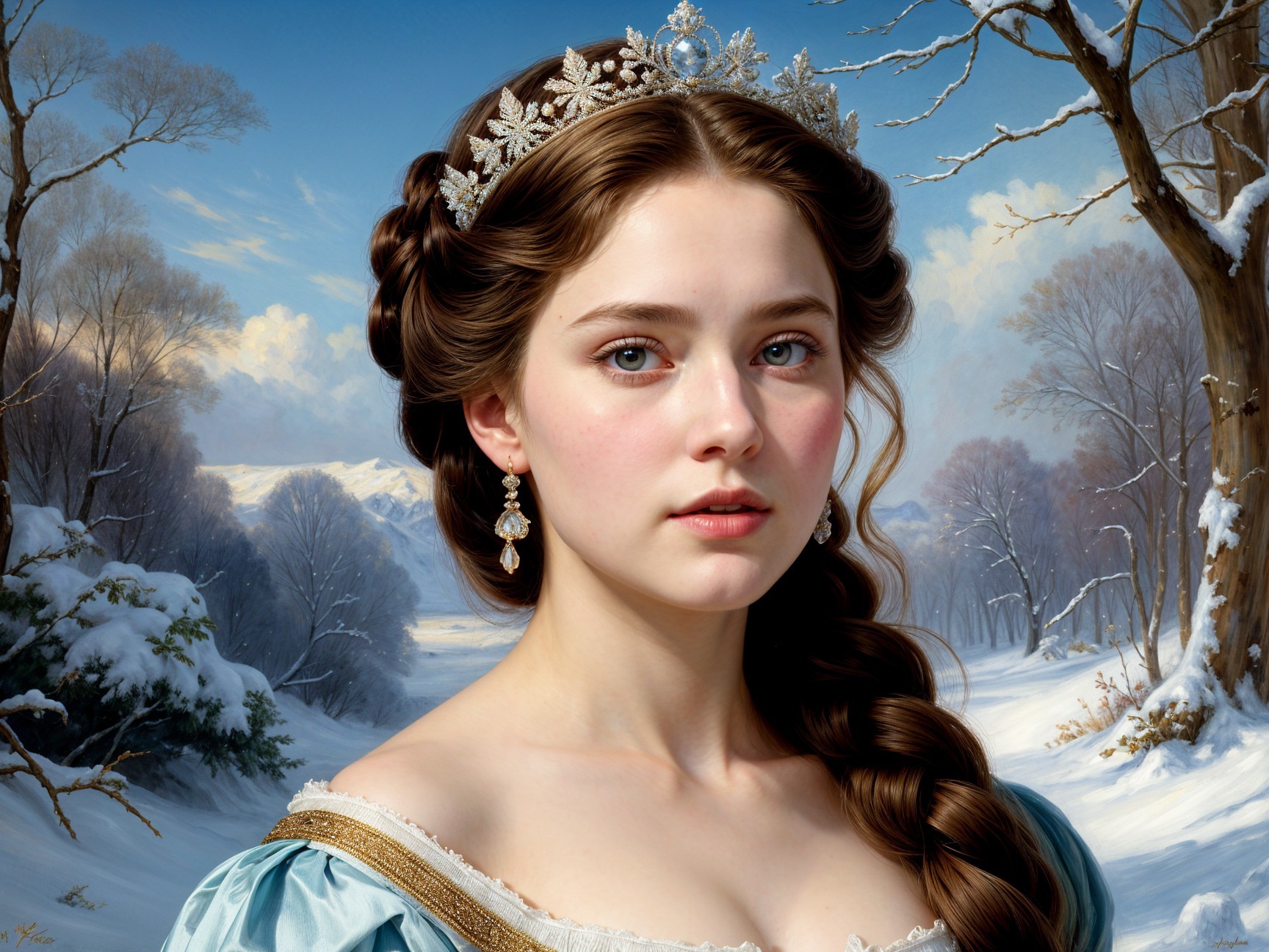 Young woman in blue gown with tiara in winter scene