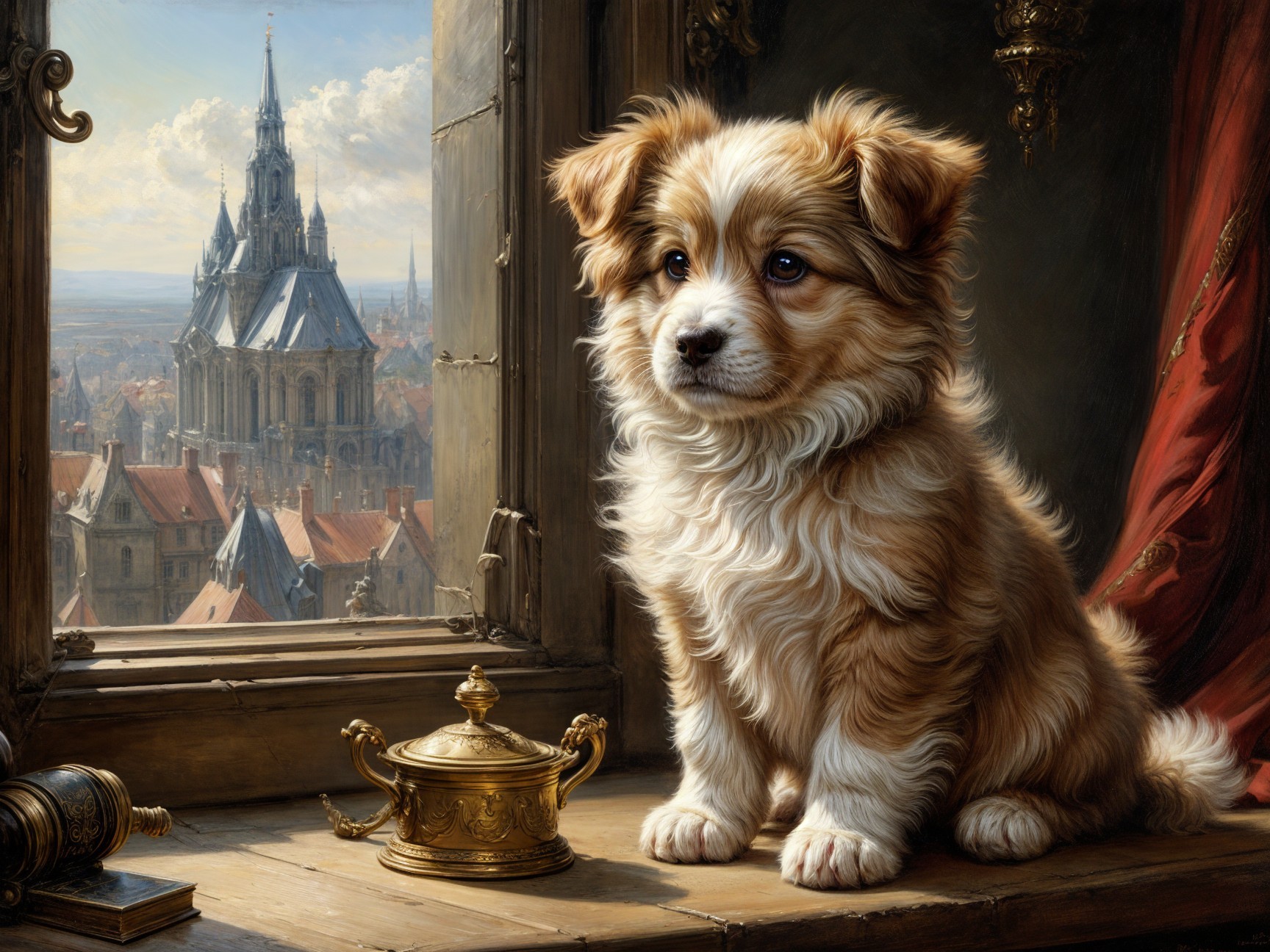 Fluffy Puppy on Windowsill Overlooking Cityscape
