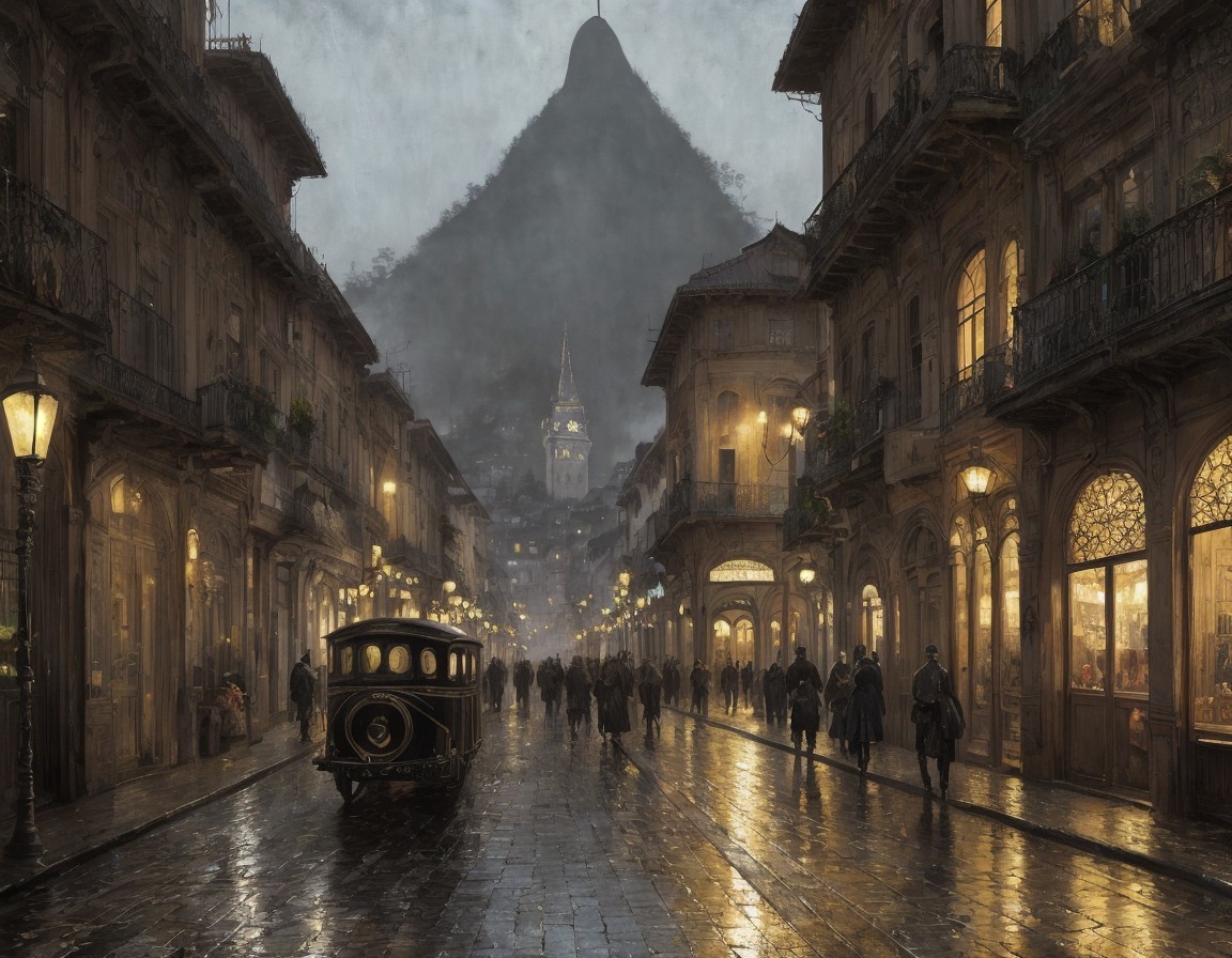 Vintage tram on rainy cobblestone street with old buildings and illuminated shopfronts.