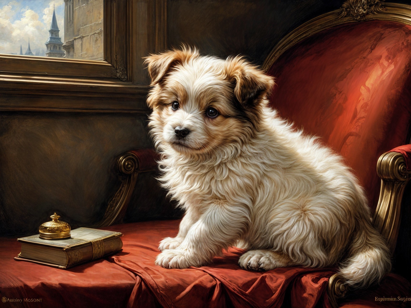 Fluffy Cream Puppy on Red Velvet Chair in Cozy Room