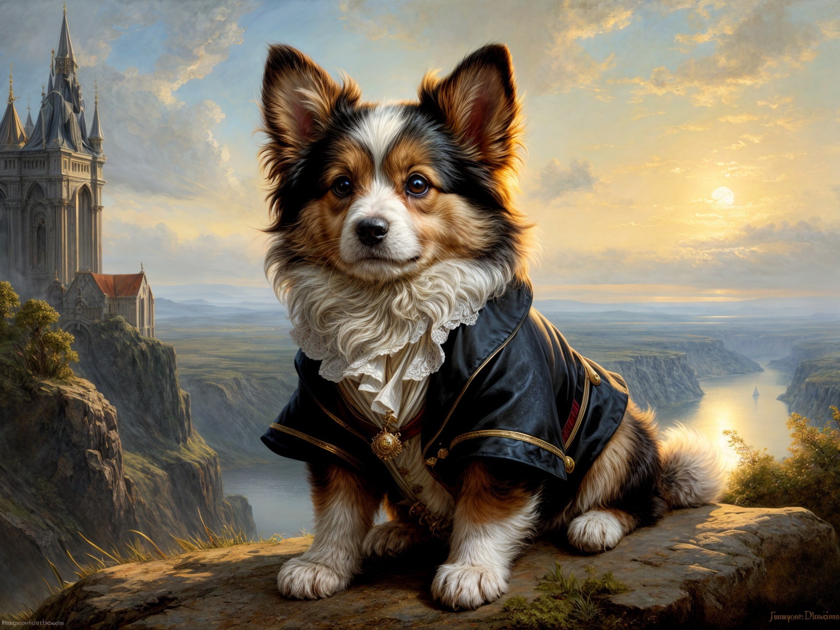 Regal Dog in Opulent Coat Against Castle Landscape