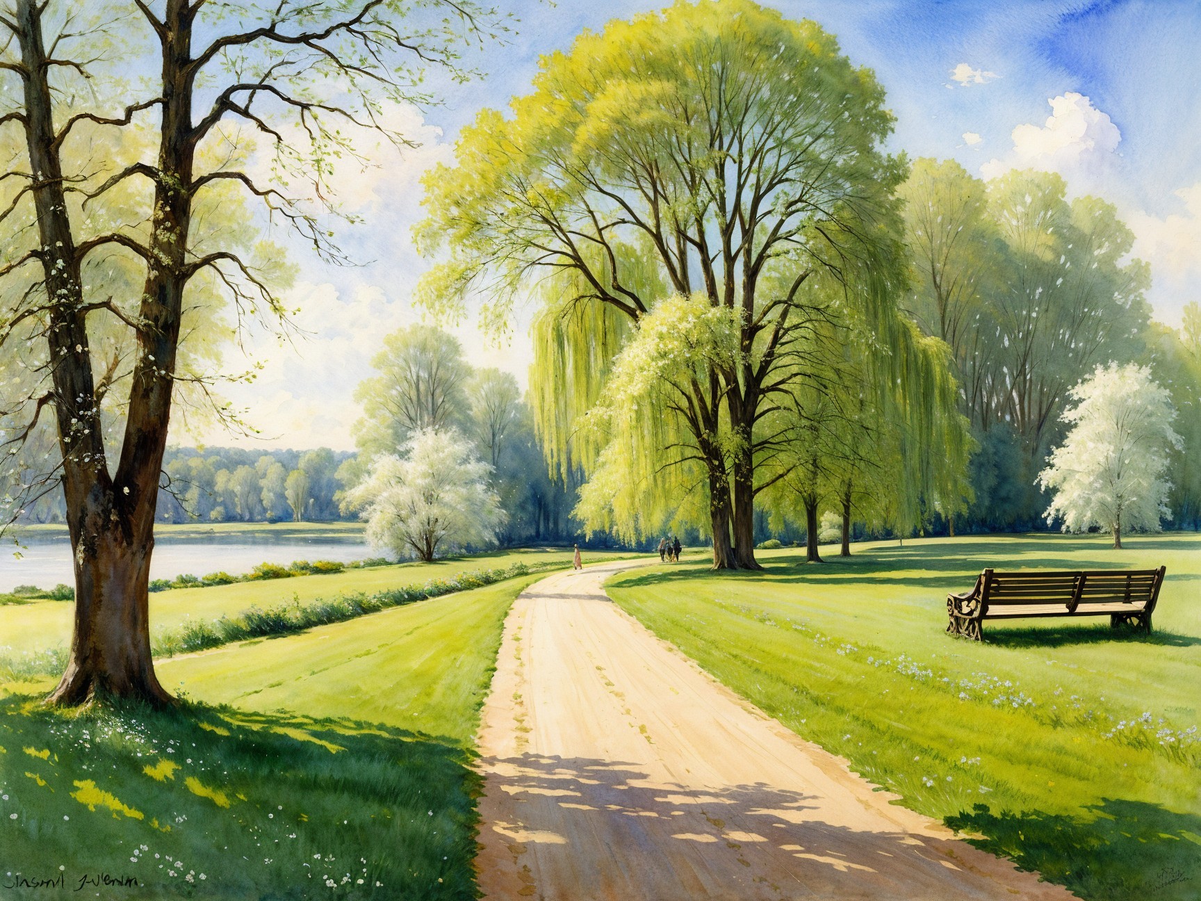Serene Park Scene with Winding Path and Lake