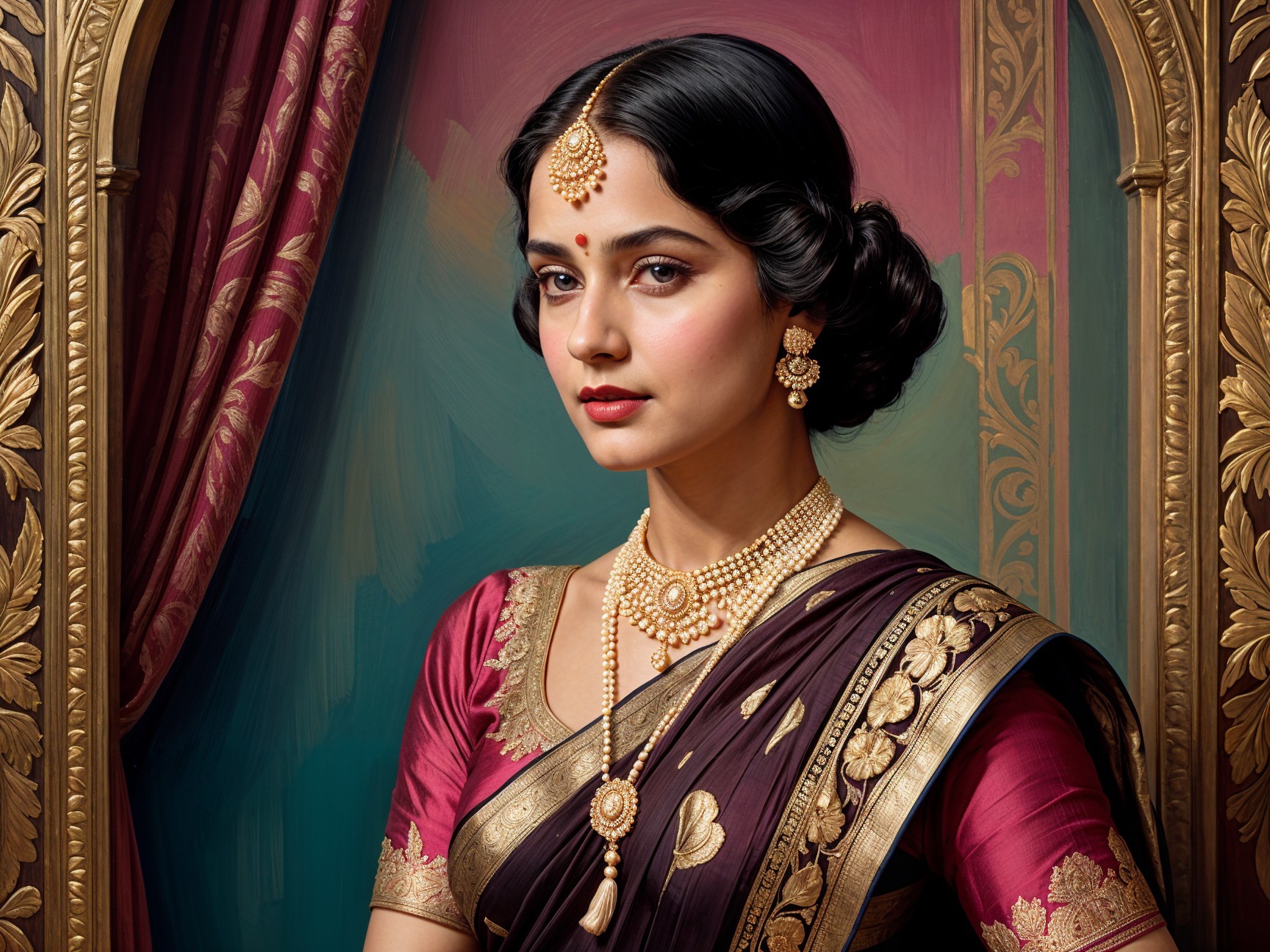 Elegant Woman in Burgundy Saree with Gold Embroidery