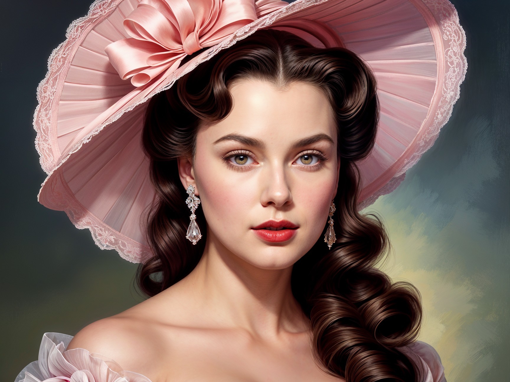 Portrait of a Young Woman in a Pink Hat and Earrings