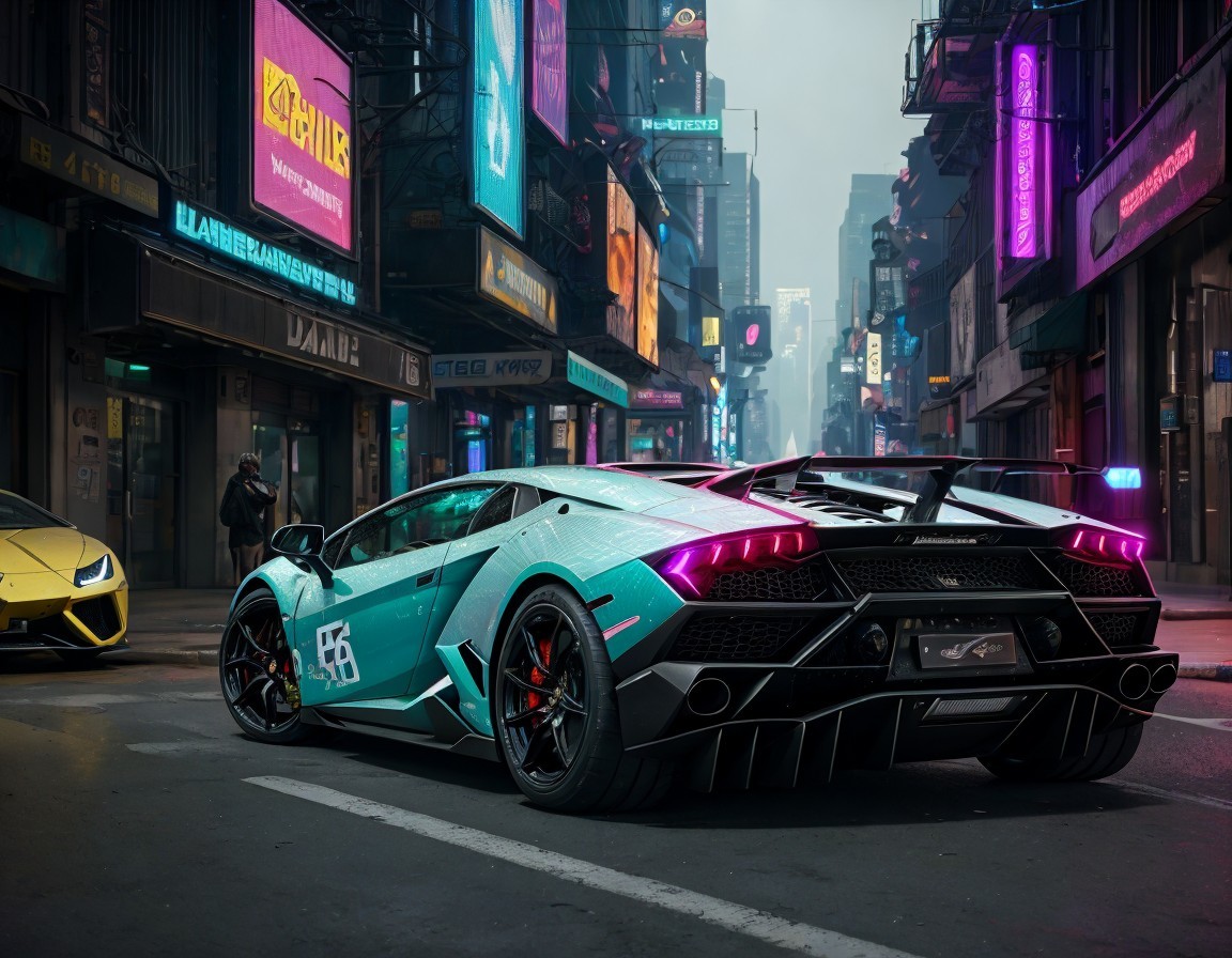 Turquoise and Black Lamborghini Aventador on City Street at Dusk