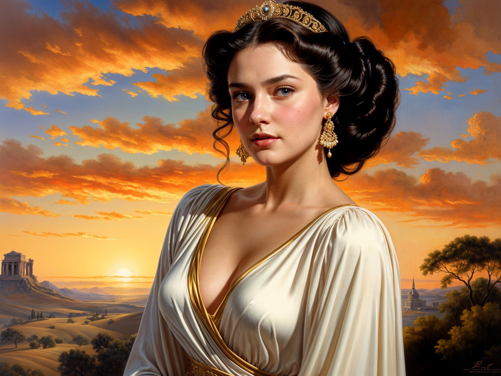Regal Woman in White Gown Against Sunset Landscape