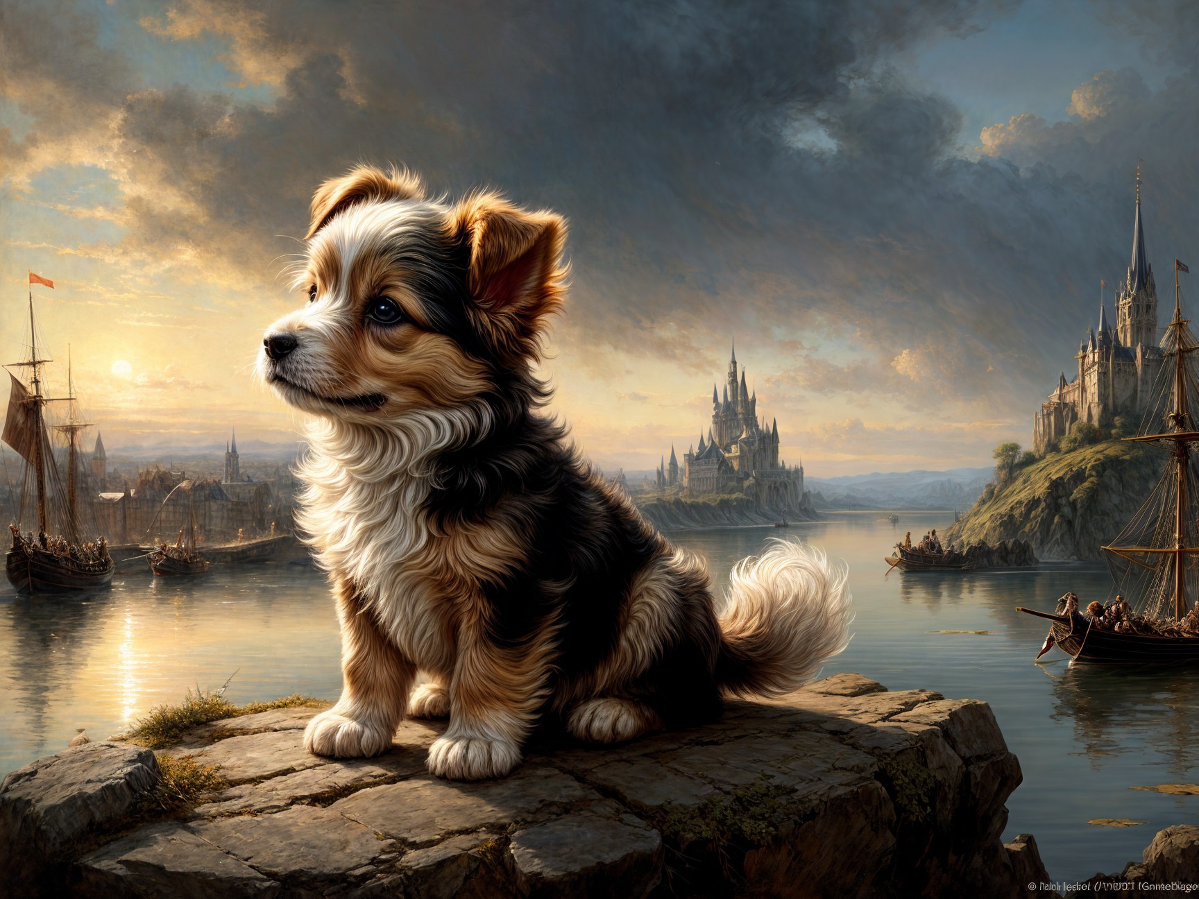 Fluffy Dog on Rocky Outcrop by Serene Lake and Castle