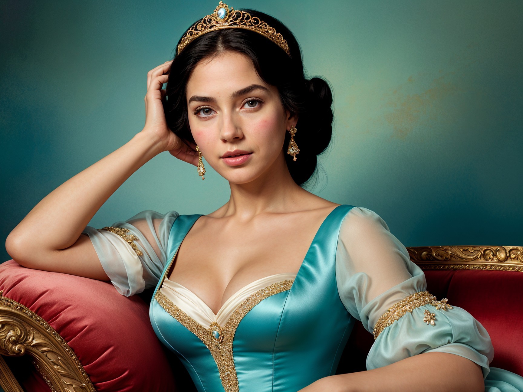 Young woman in turquoise gown with gold accents