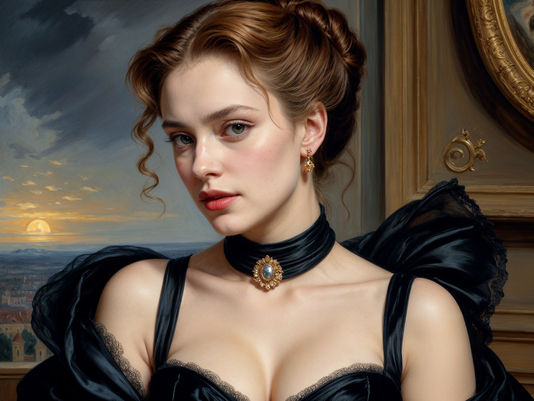 Young woman in black dress with auburn hair at sunset