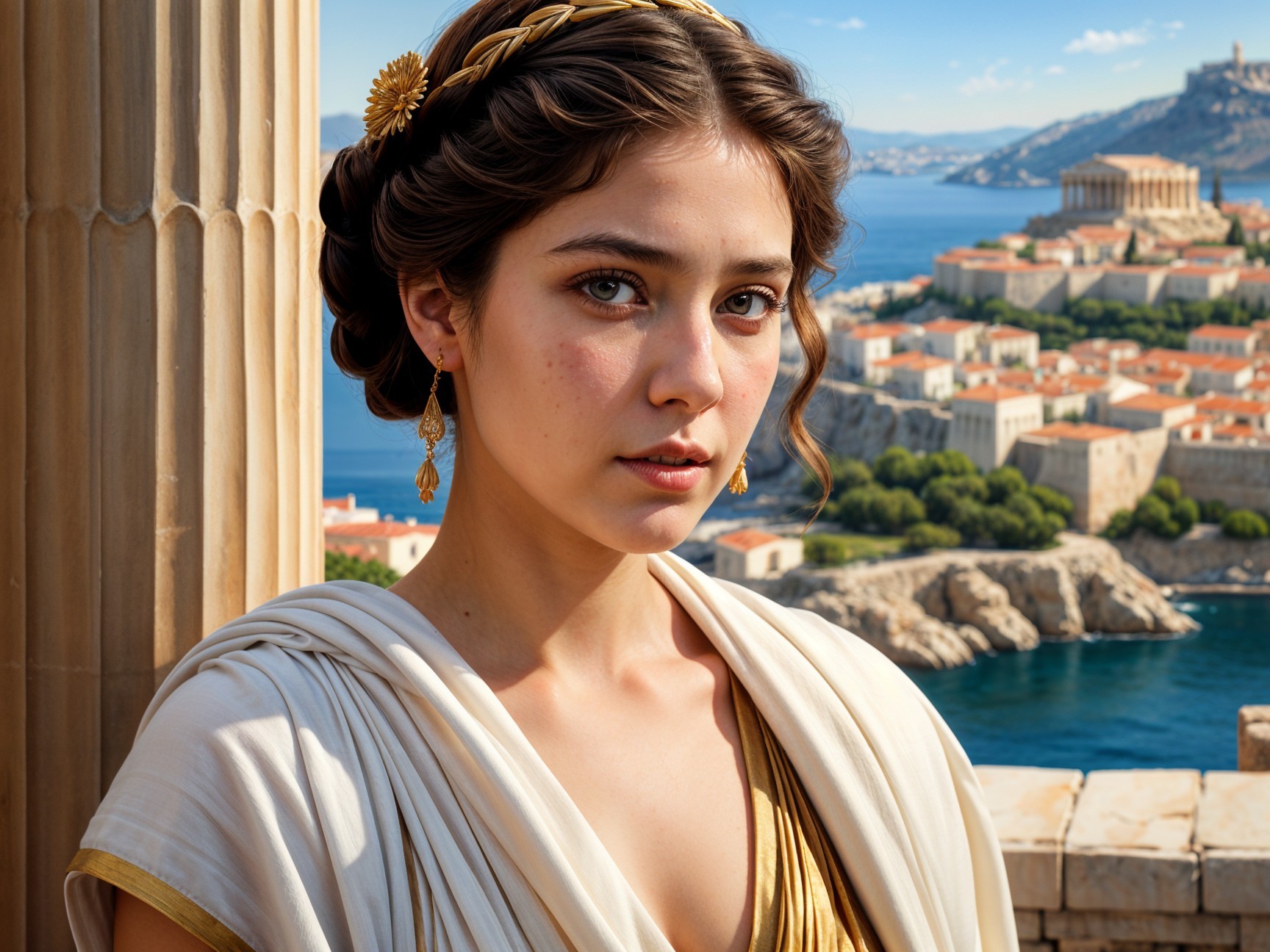 Young woman in gold headpiece by coastal city