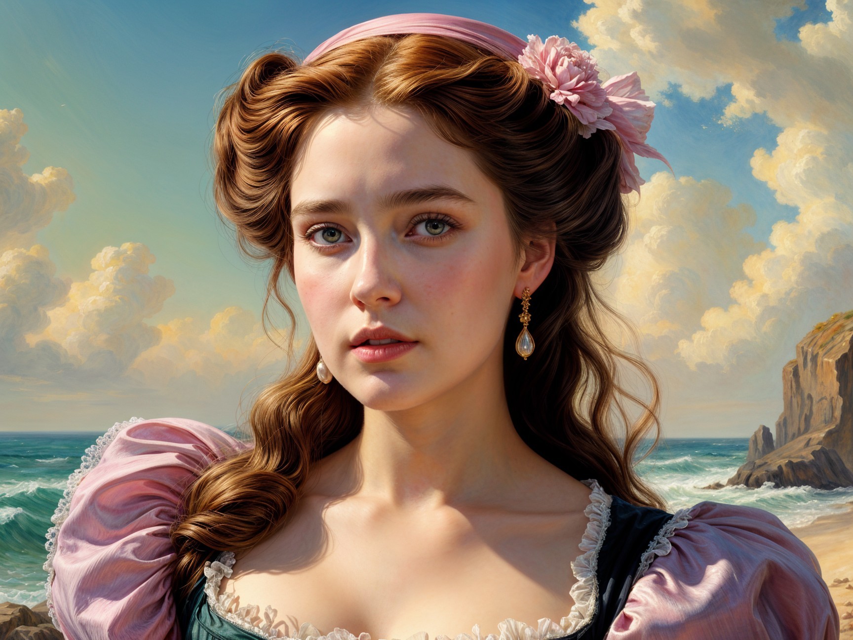 Young woman in Victorian dress by serene seaside