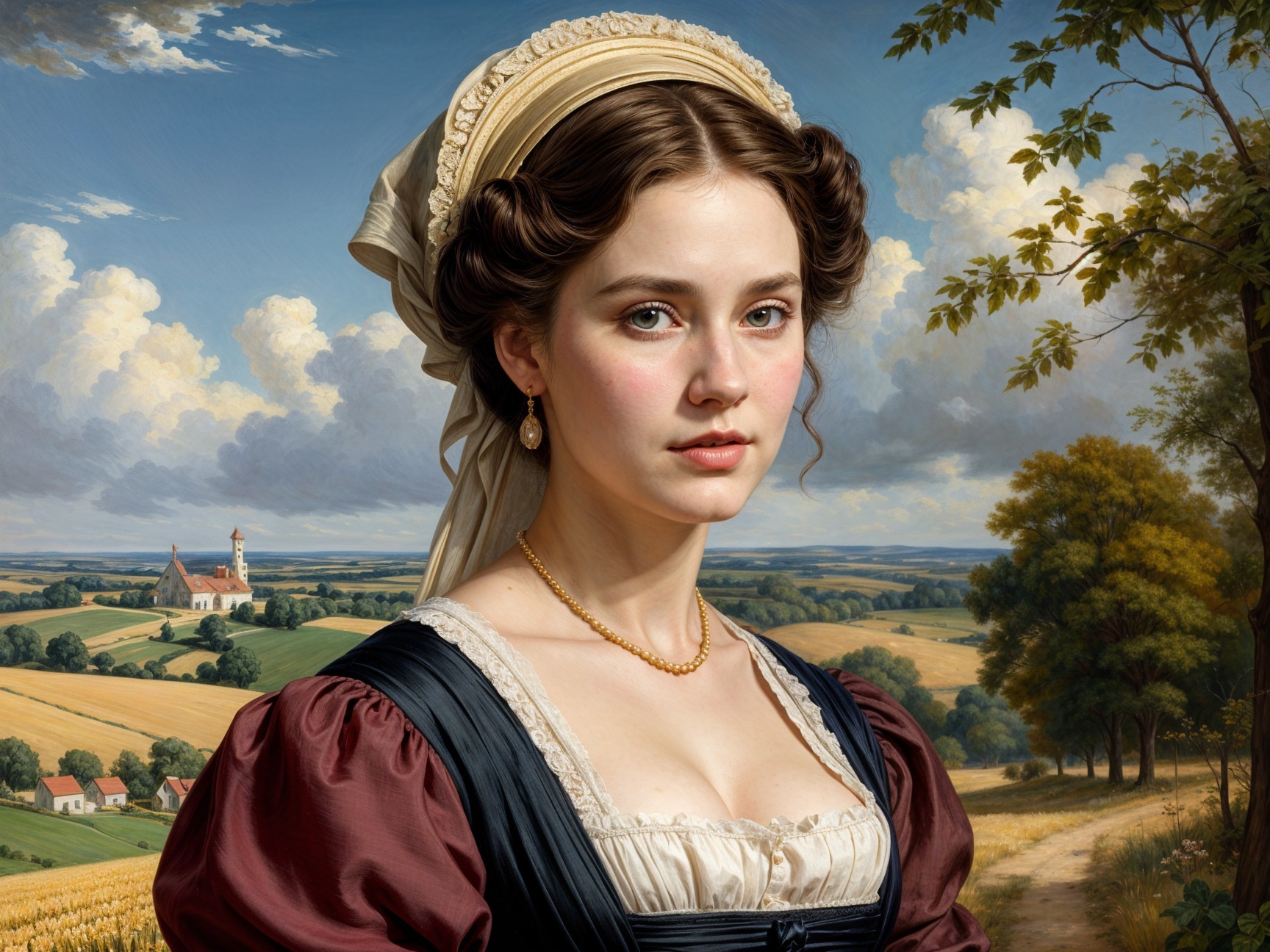 Young Woman in Classic Outfit Against Scenic Landscape