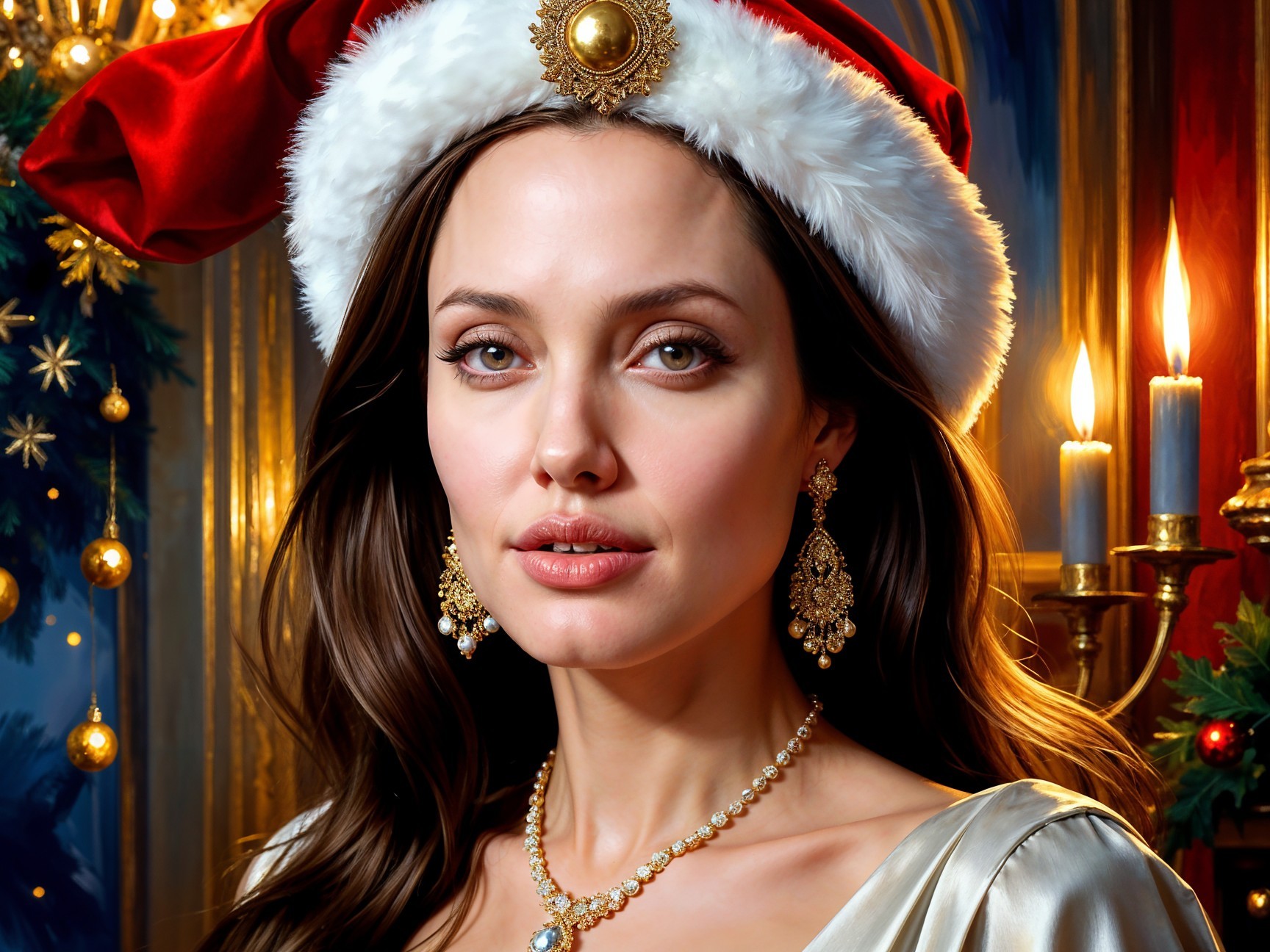 Sophisticated Woman in Santa Hat with Holiday Decor