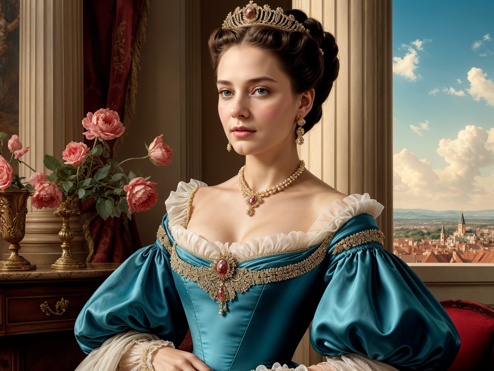 Regal Woman in Teal Gown with Cityscape Background