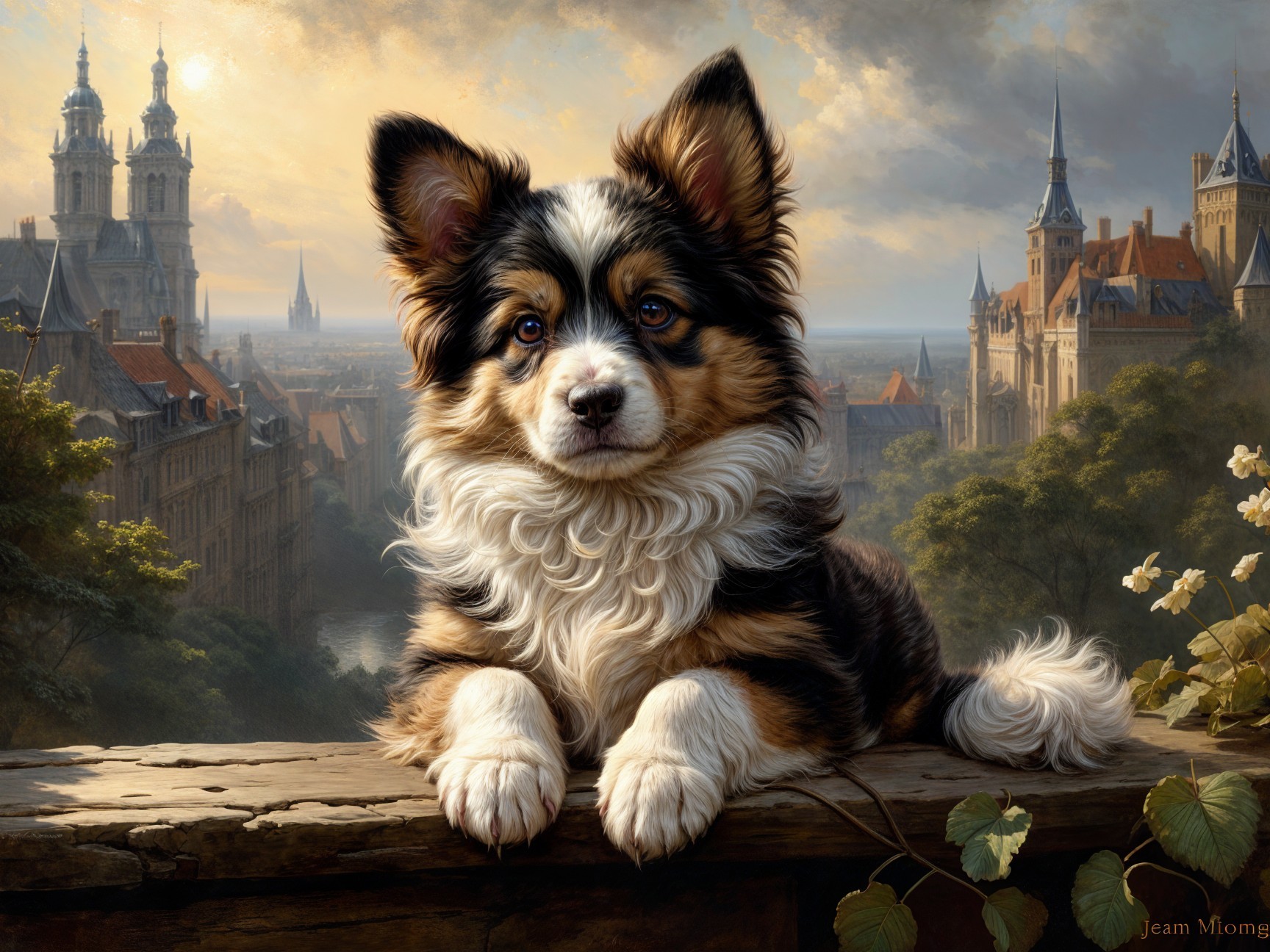 Fluffy Dog Overlooking Scenic Old Town Landscape