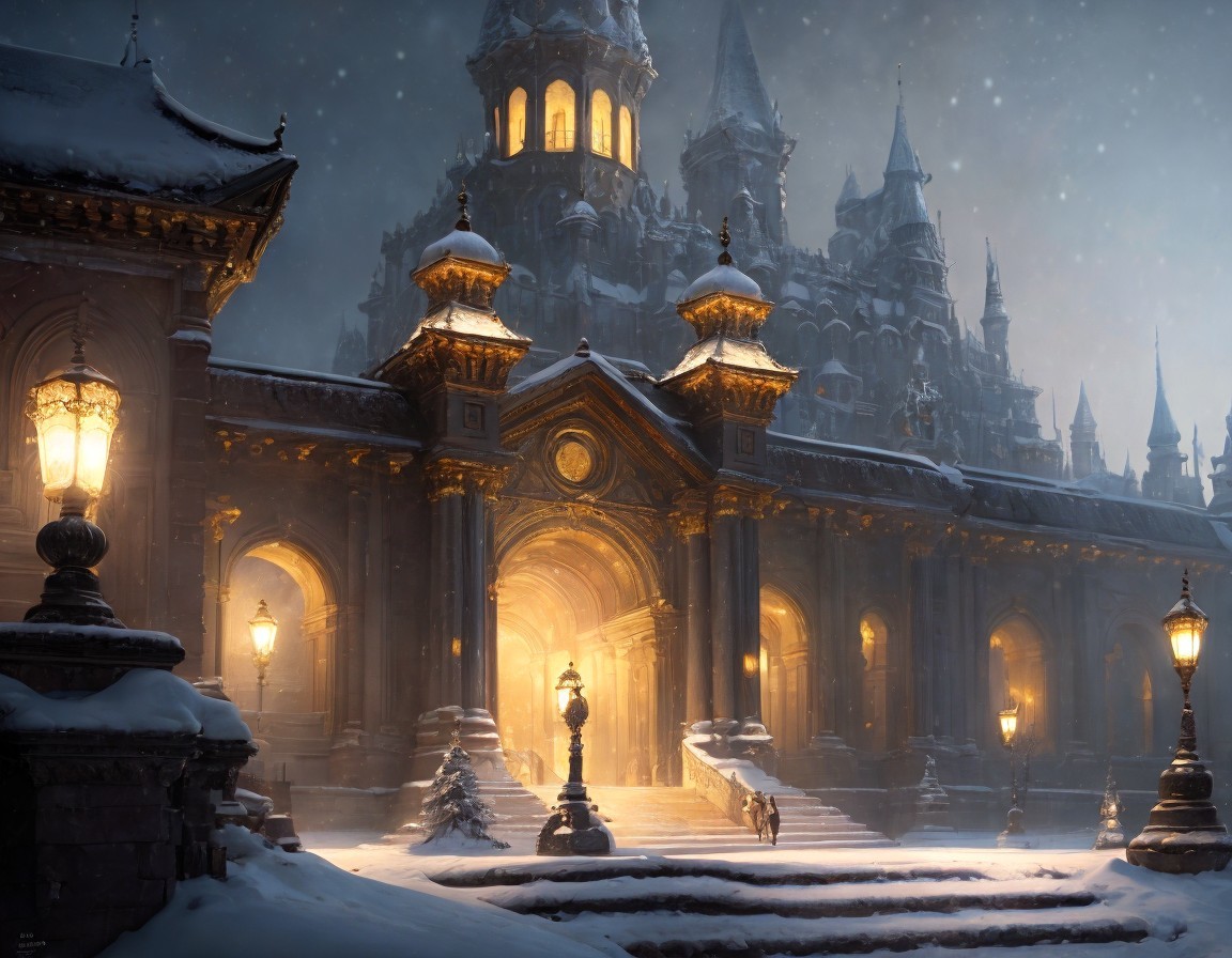 Gothic-style building in snow with warm lighting