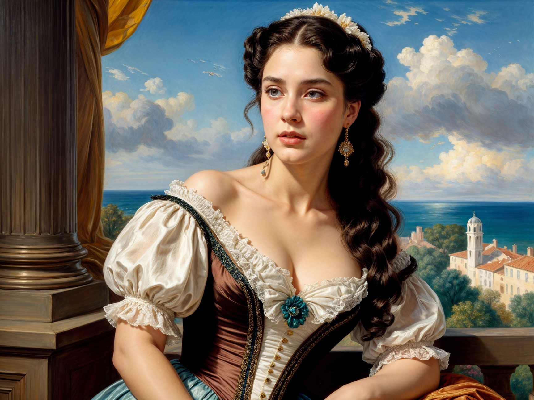 Young Woman in Elegant Gown on Coastal Balcony