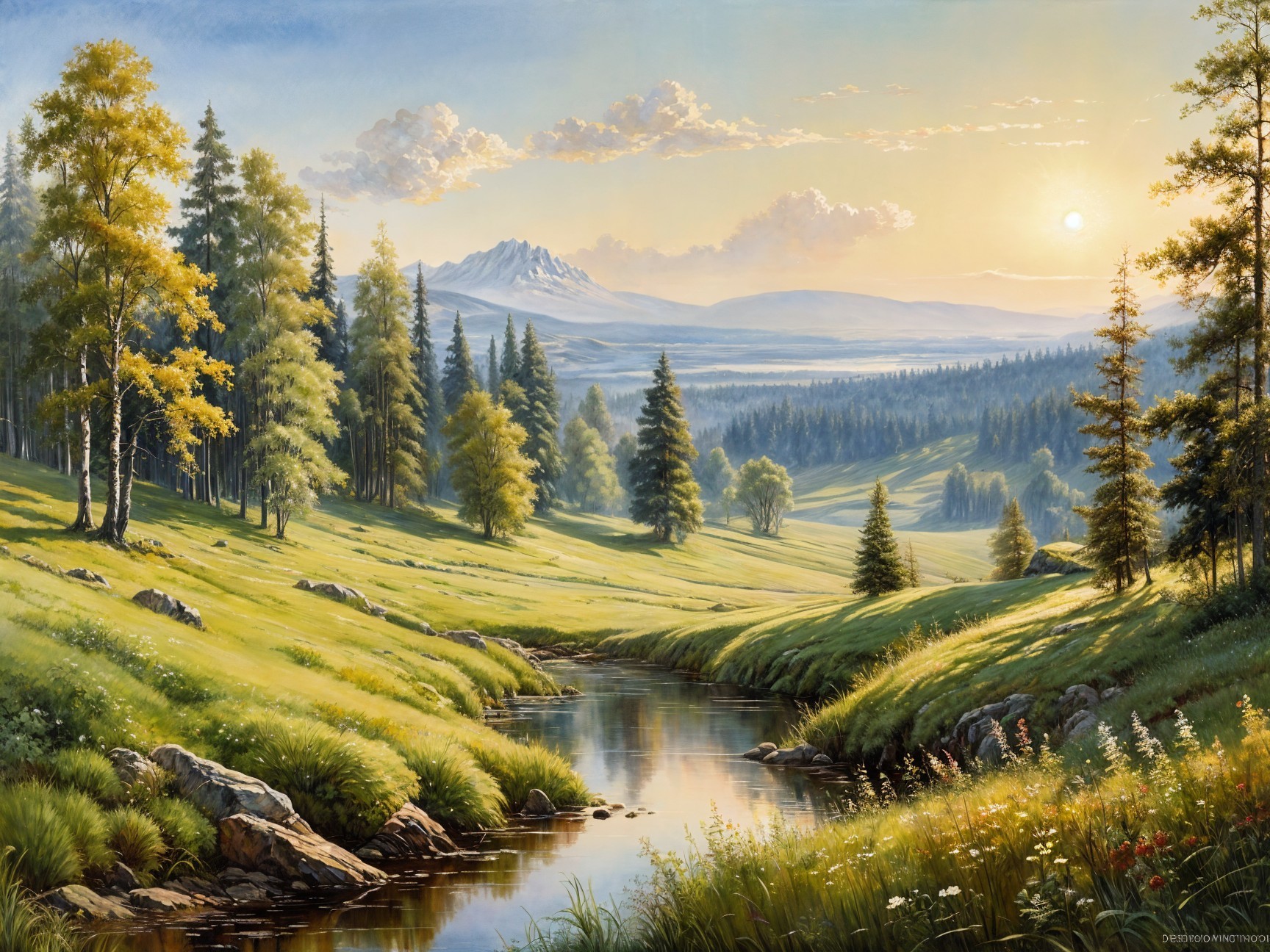 Serene landscape with river, meadows, and mountains