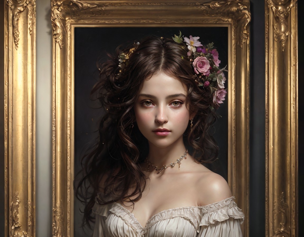 Portrait of a Young Woman with Curly Hair and Flowers