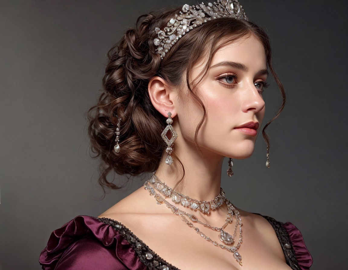 Profile view of woman in elegant updo, tiara, diamond jewelry, burgundy gown on grey
