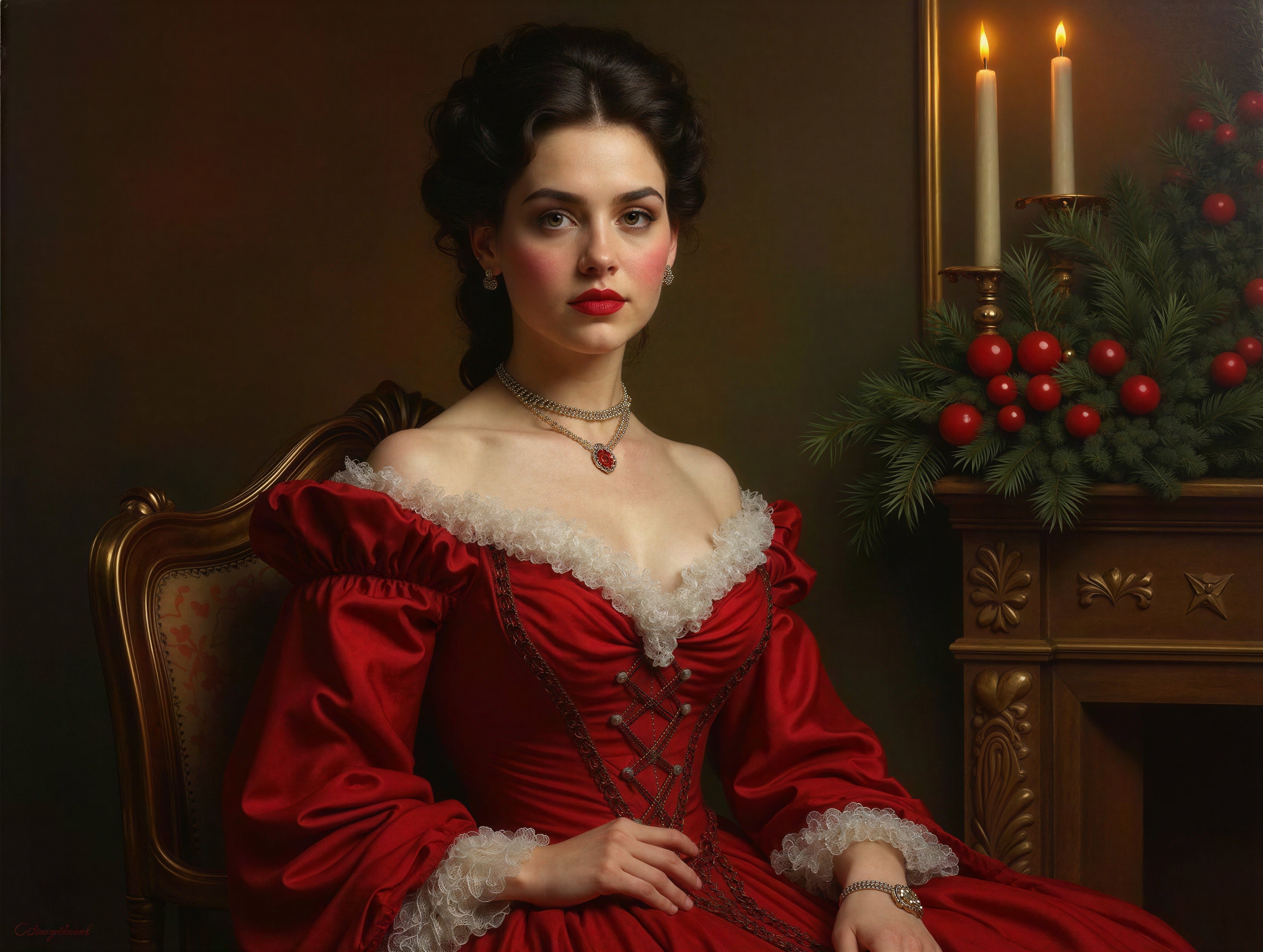 Young Woman in Vintage Christmas Attire in Elegant Setting