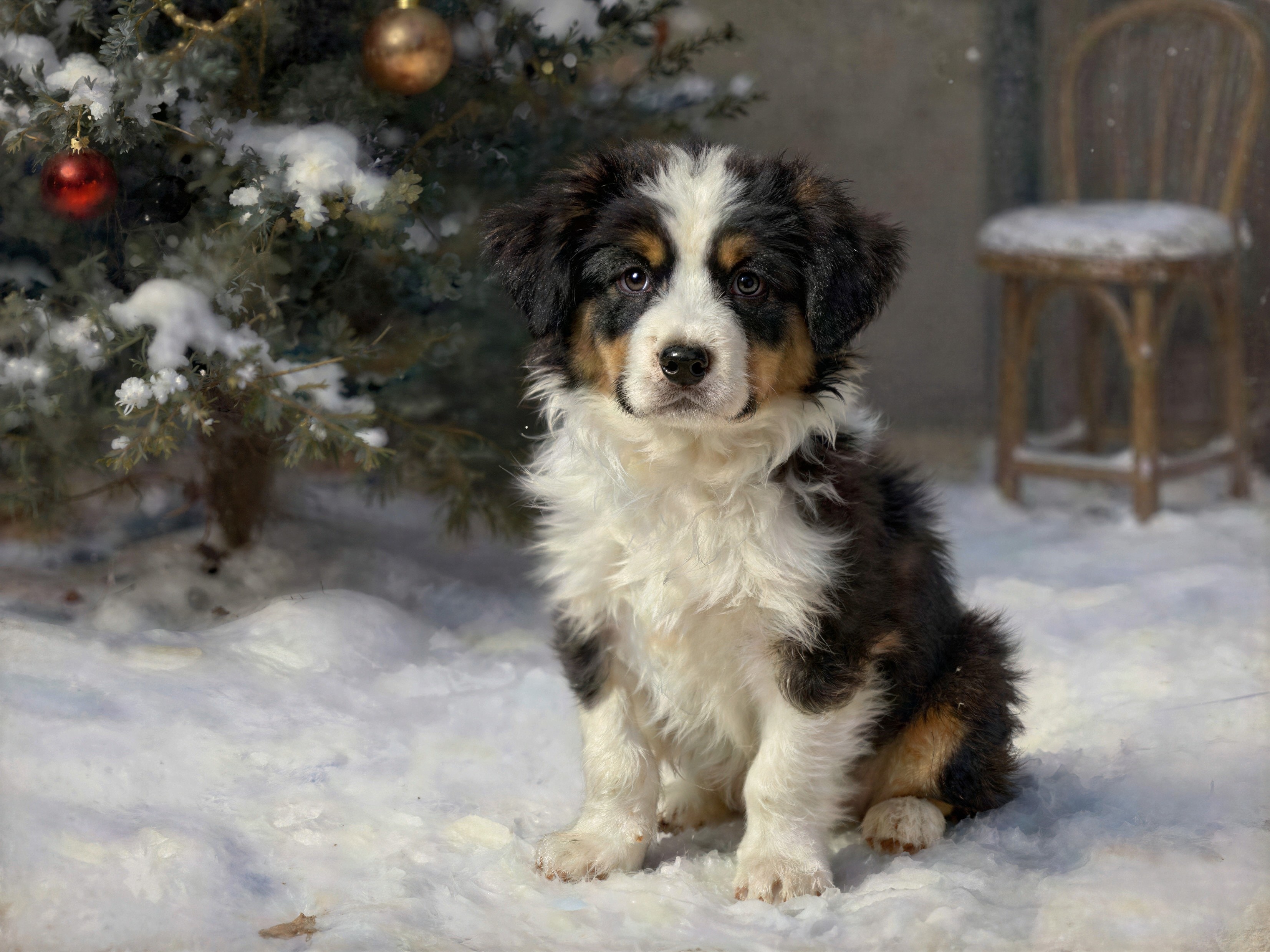 Portrait of a Bernese Mountain Dog Puppy in Winter Snow