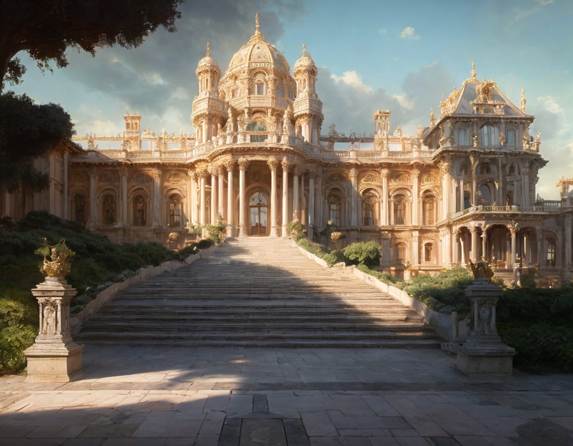 Opulent Baroque Palace with Grand Staircases and Ornate Sculptures