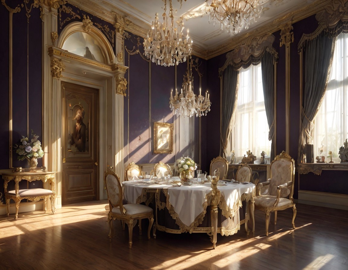 Elegant Purple Themed Dining Room with Golden Accents