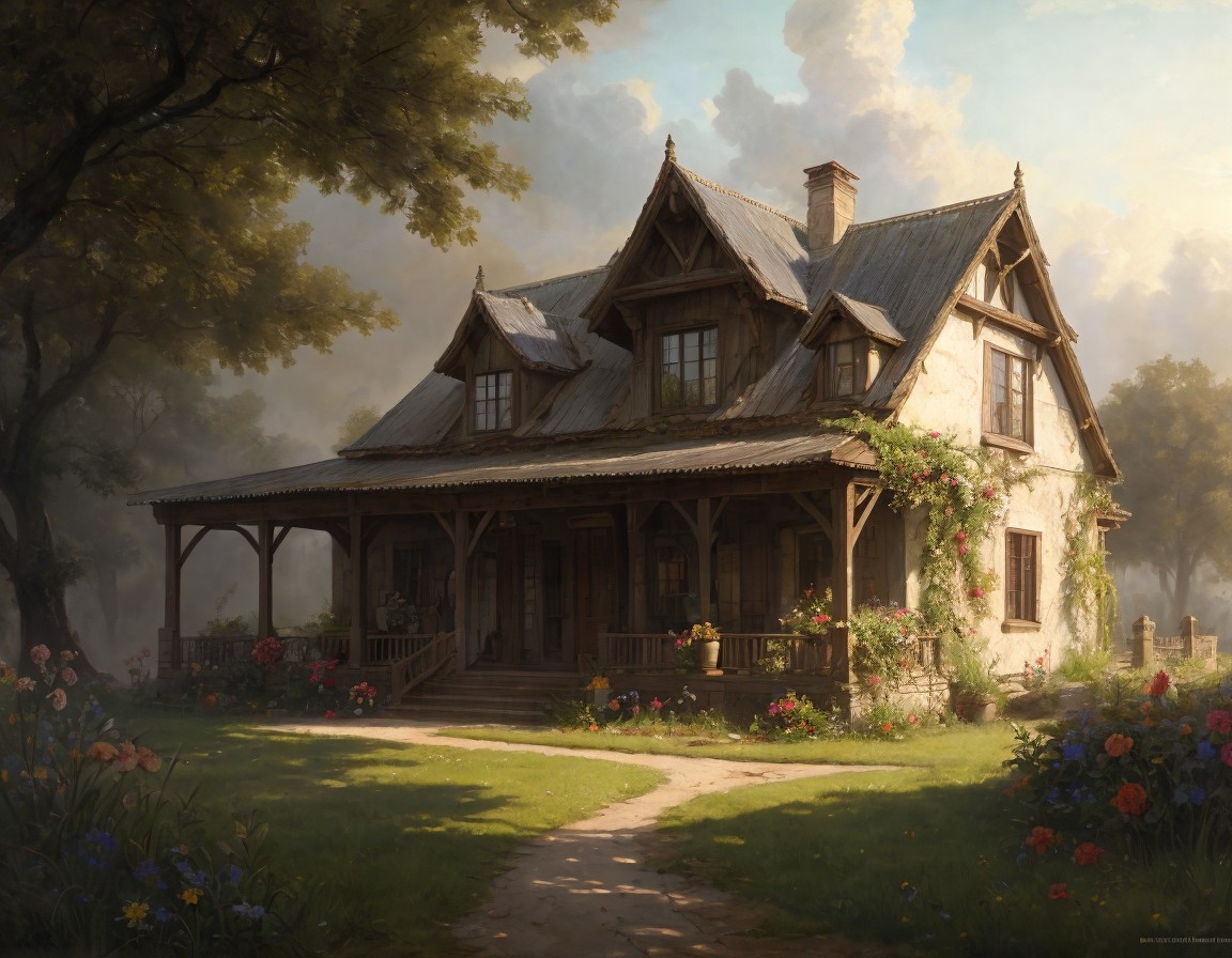 Rustic two-story house surrounded by greenery and flowers