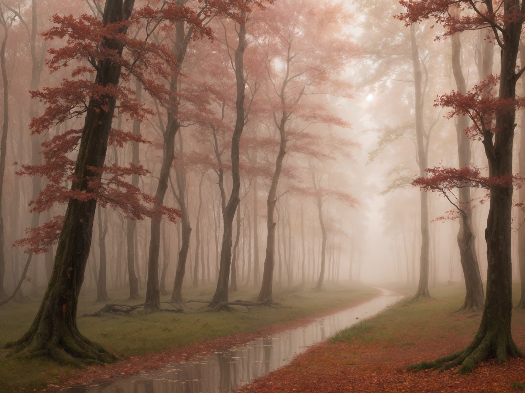 Serene Misty Forest with Red Leaves and Stream