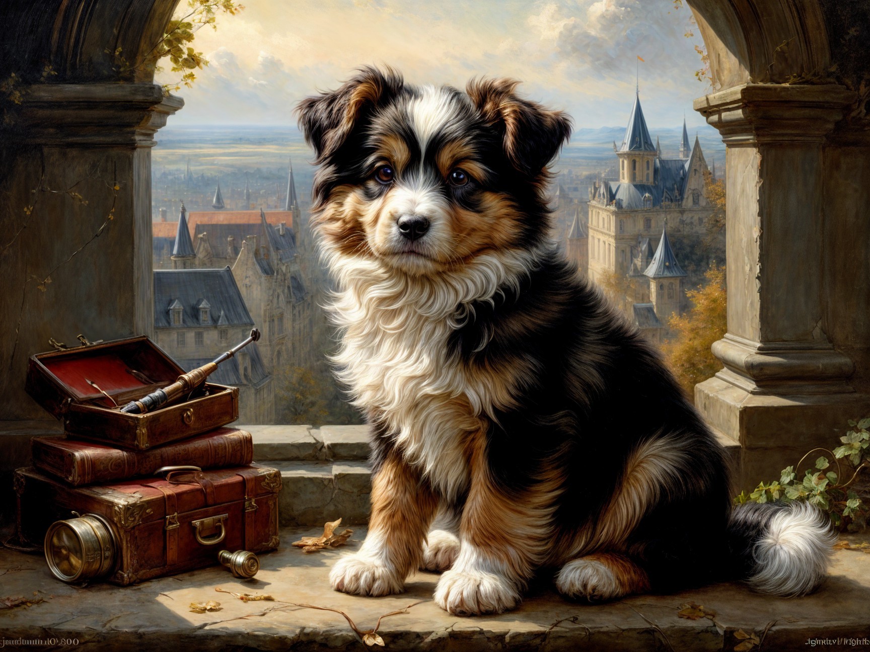 Tri-Colored Puppy on Stone Ledge with Scenic View