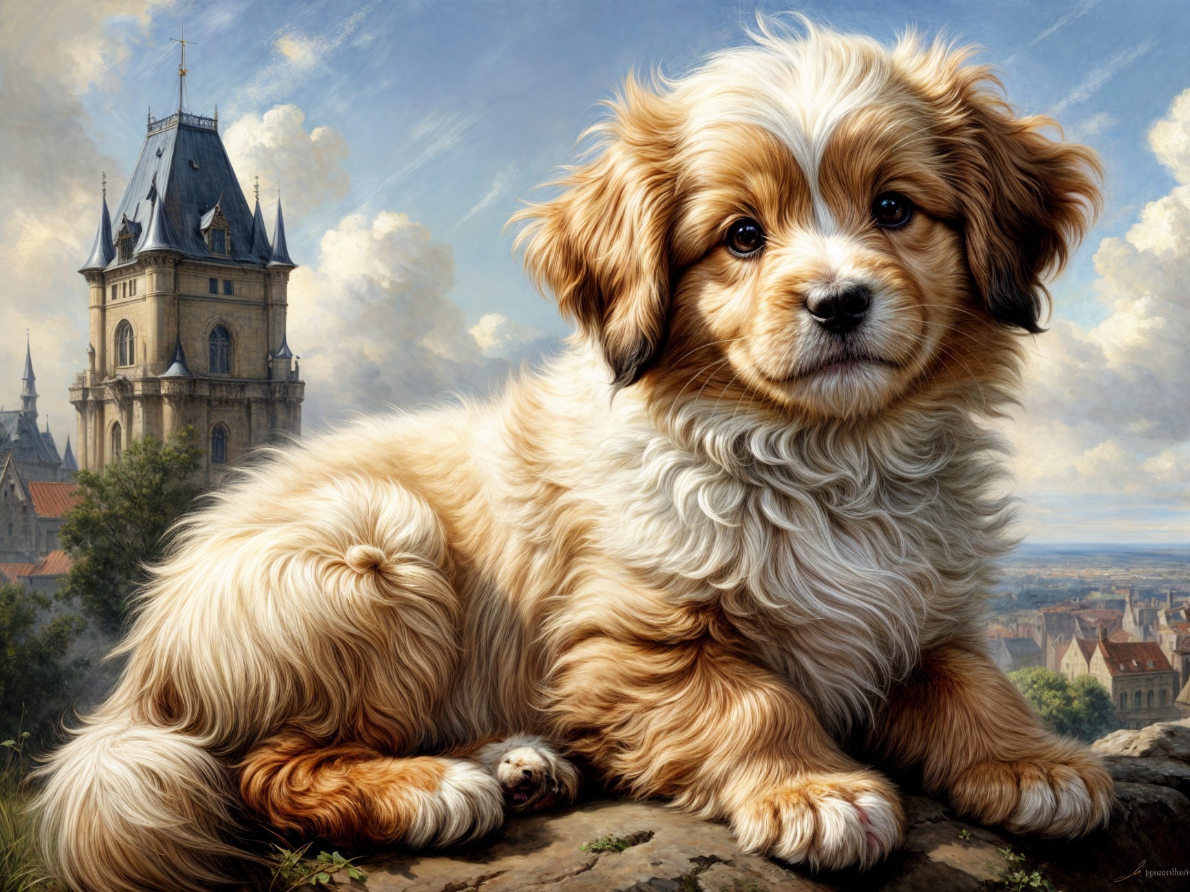 Fluffy Golden-Brown Puppy with Castle Background