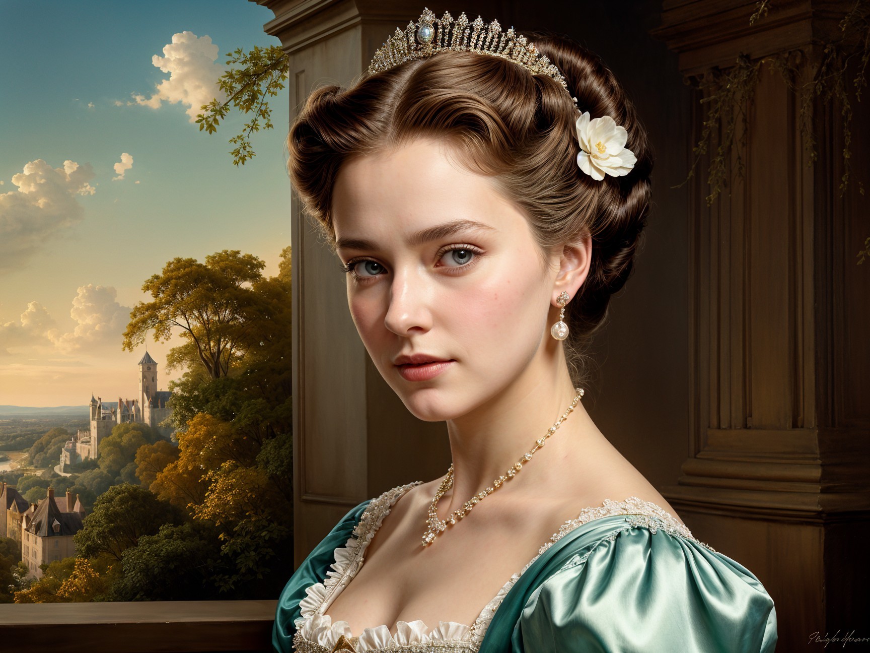 Elegant Young Woman in Green Gown with Castle Background
