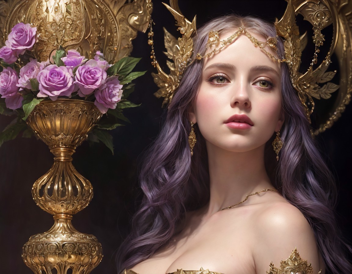 Fantasy Queen with Purple Hair and Roses Background