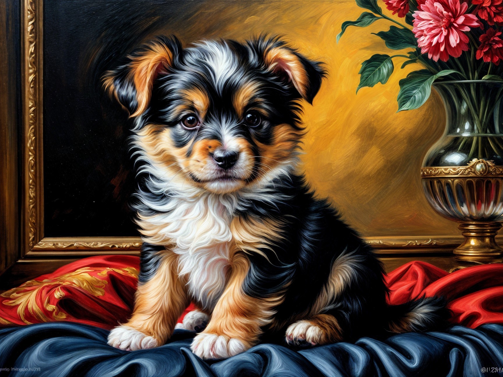 Tri-Colored Puppy Against Elegant Floral Backdrop