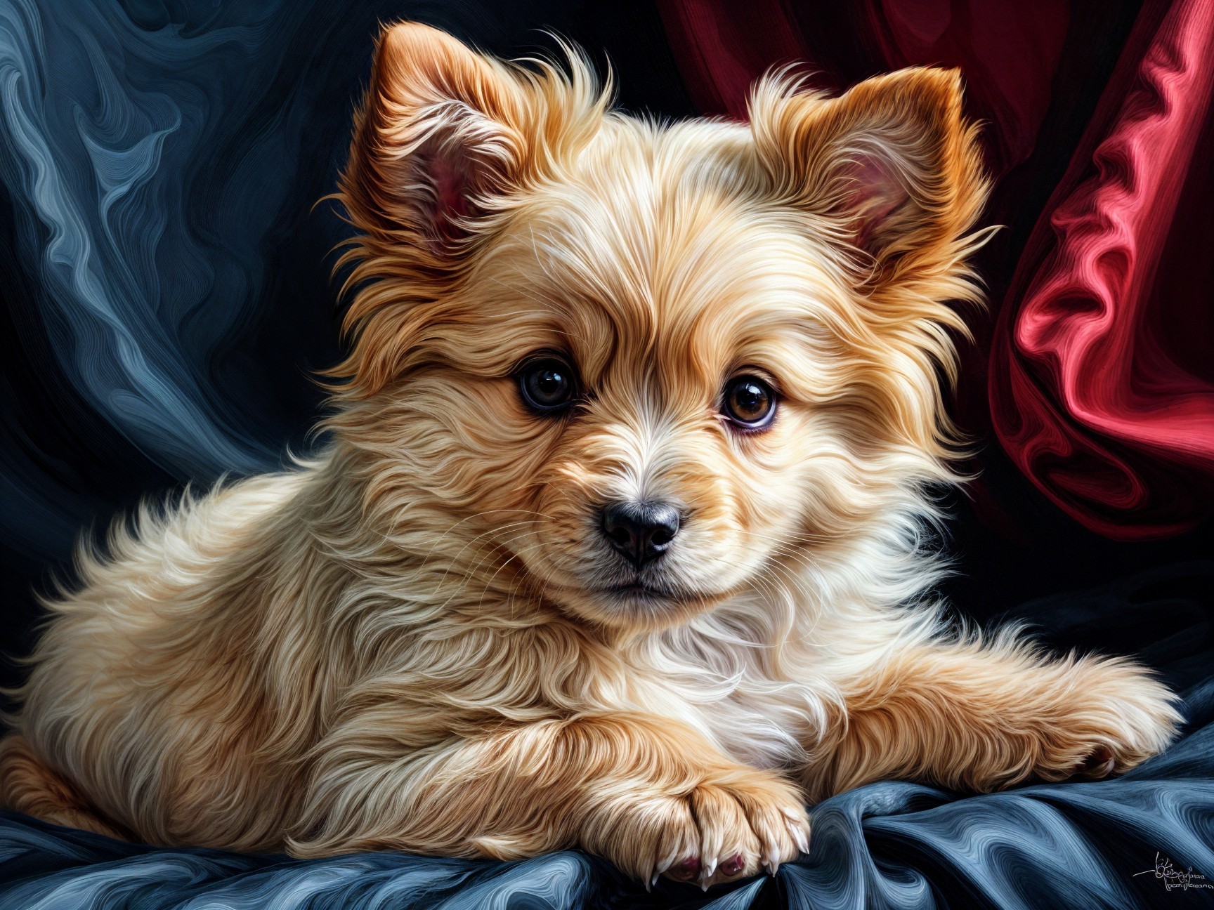 Fluffy Golden Puppy on Textured Red and Blue Fabric