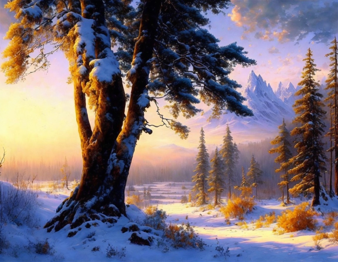 Snow-covered trees in serene winter landscape with glowing sunset