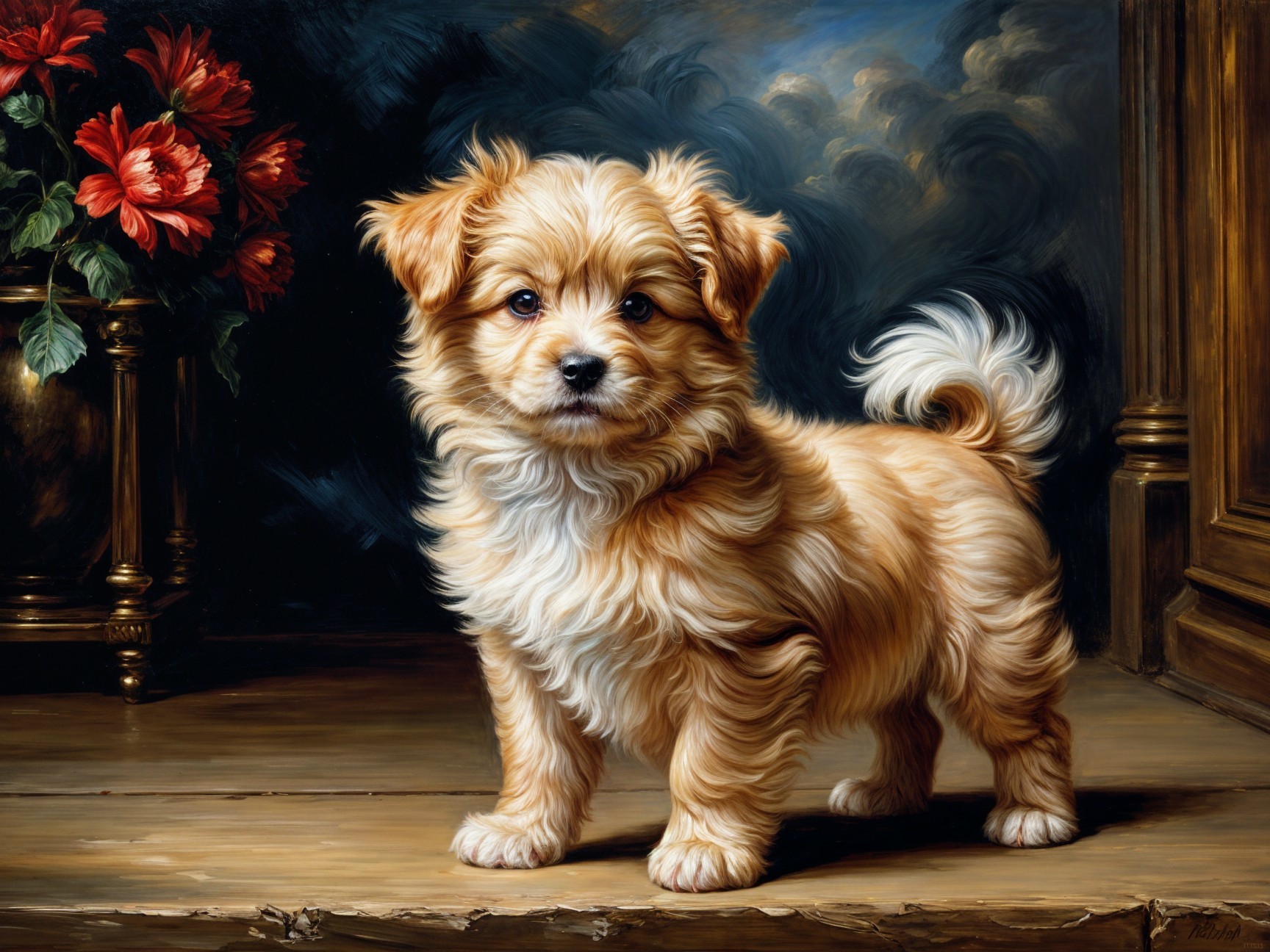 Golden Puppy on Wooden Floor with Red Flowers
