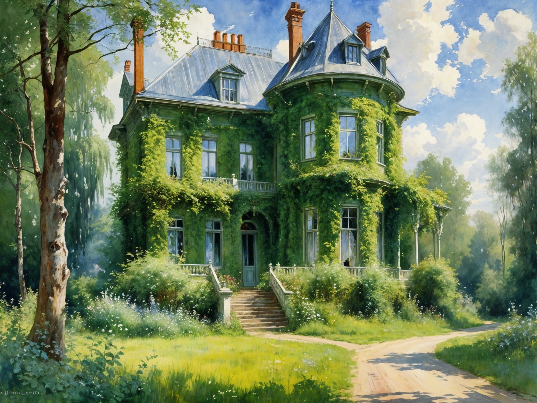 Victorian House Surrounded by Ivy and Wildflowers