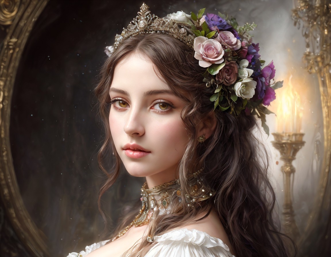 Woman in Floral Crown and Vintage Dress with Jewelry in Soft Candlelight